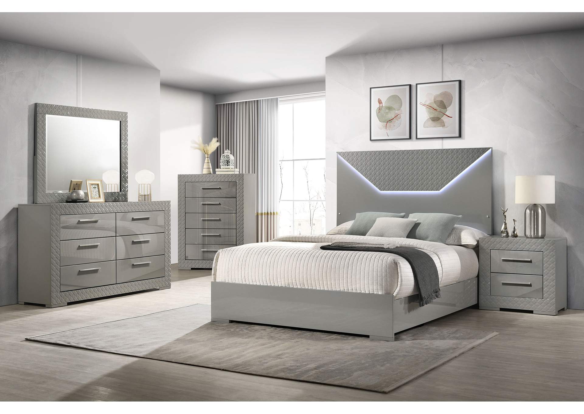 Ives 2-drawer Nightstand Bedside Table Grey High Gloss