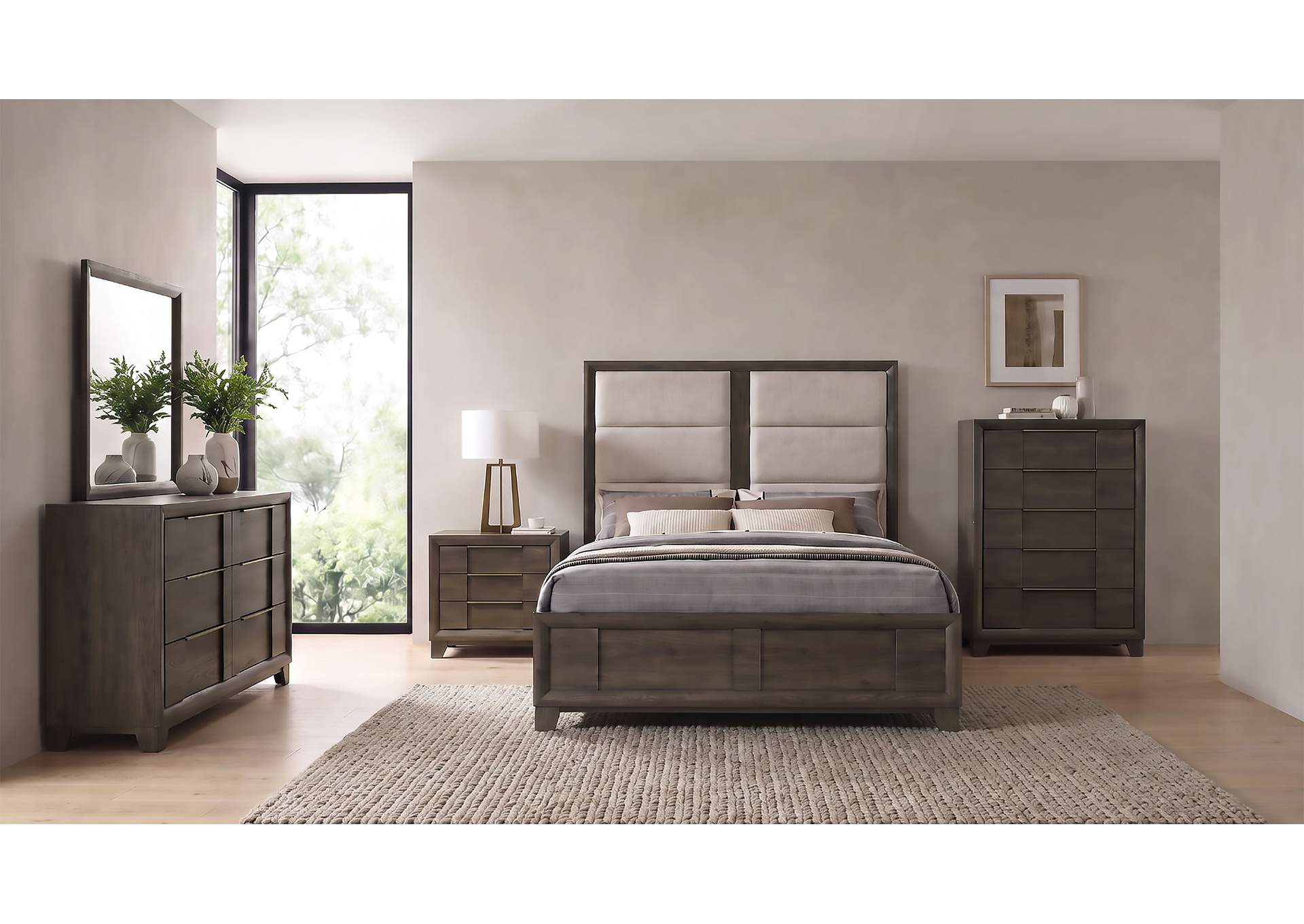 Farre Queen Upholstered Platform Panel Bed Dark Brown image 13