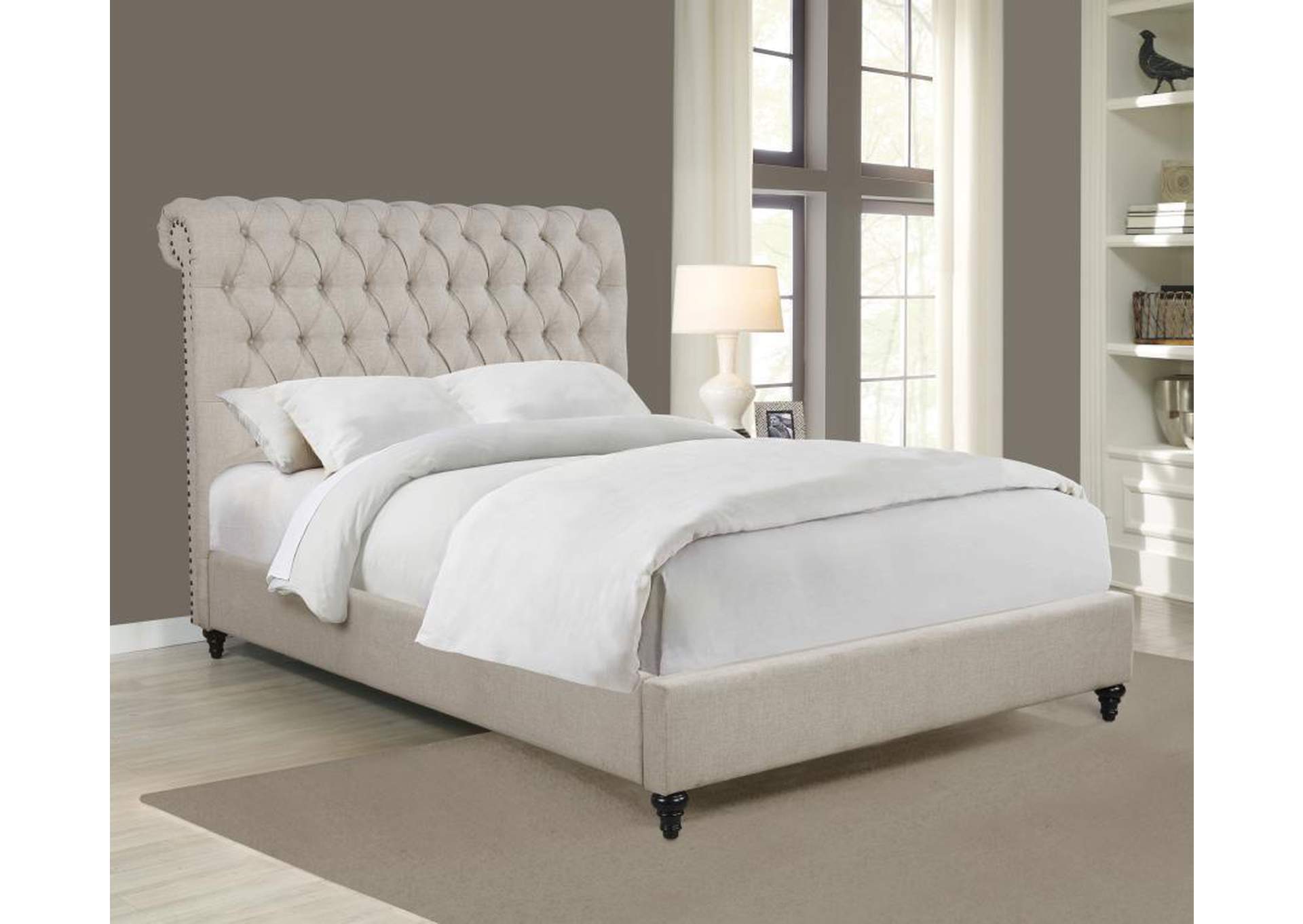 Devon Button Tufted Upholstered Eastern King Bed Beige