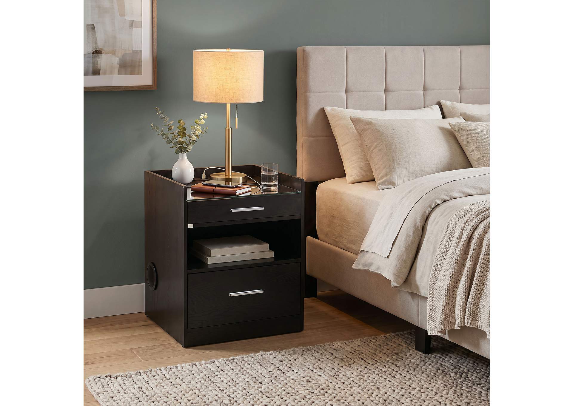 Furda 2-drawer LED Nightstand Bedside Table with Speaker Black Ash image 3