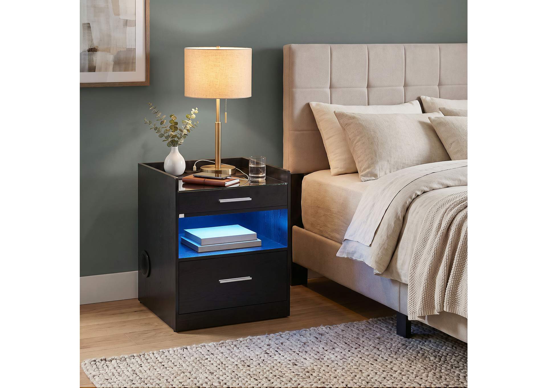 Furda 2-drawer LED Nightstand Bedside Table with Speaker Black Ash image 4