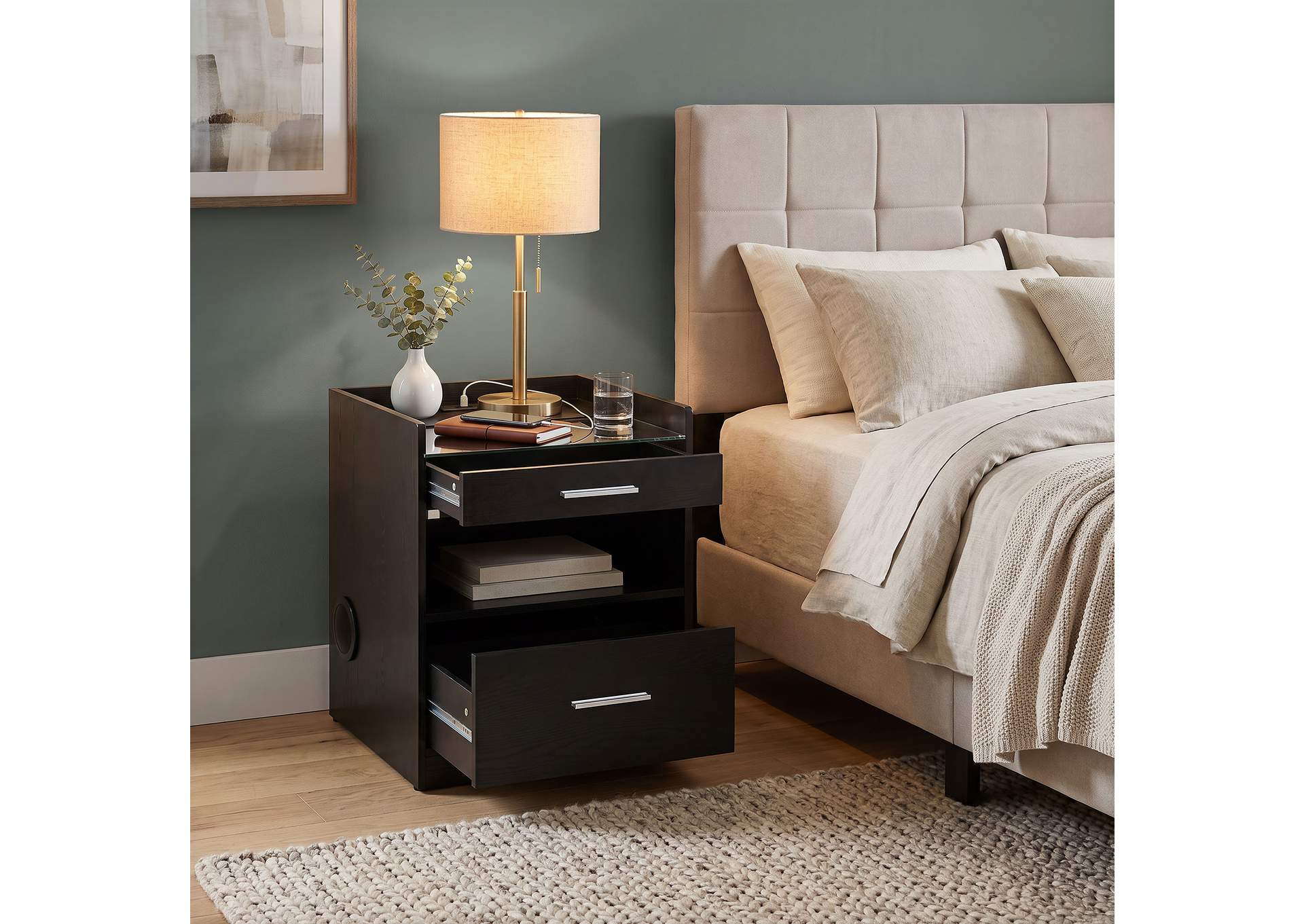 Furda 2-drawer LED Nightstand Bedside Table with Speaker Black Ash image 5