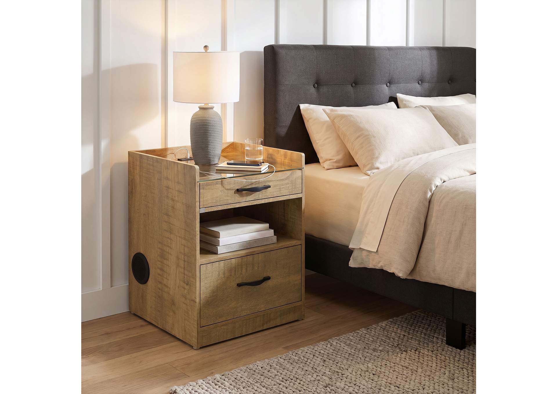 Furda 2-drawer LED Nightstand Bedside Table with Speaker Mango image 3