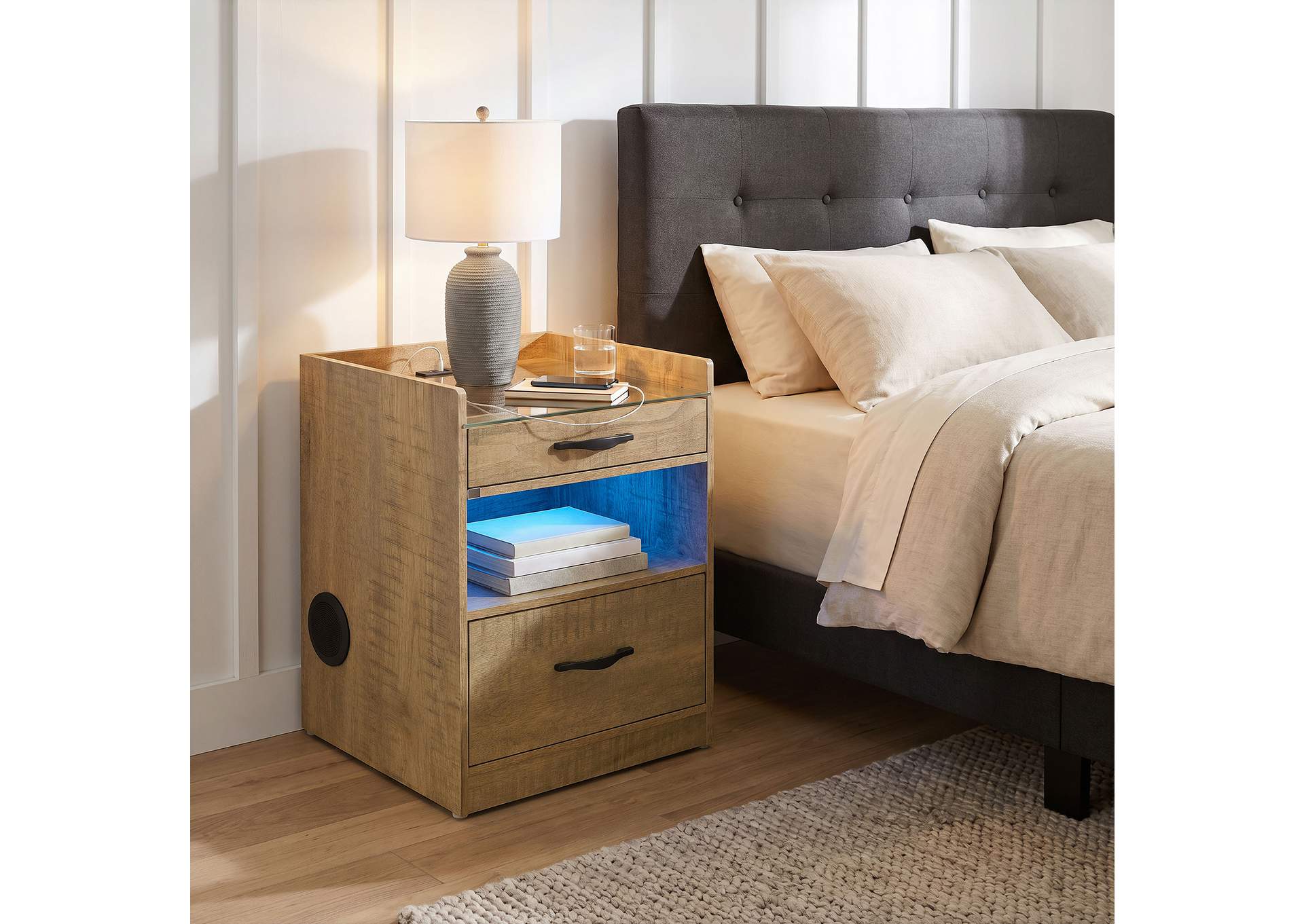 Furda 2-drawer LED Nightstand Bedside Table with Speaker Mango image 4