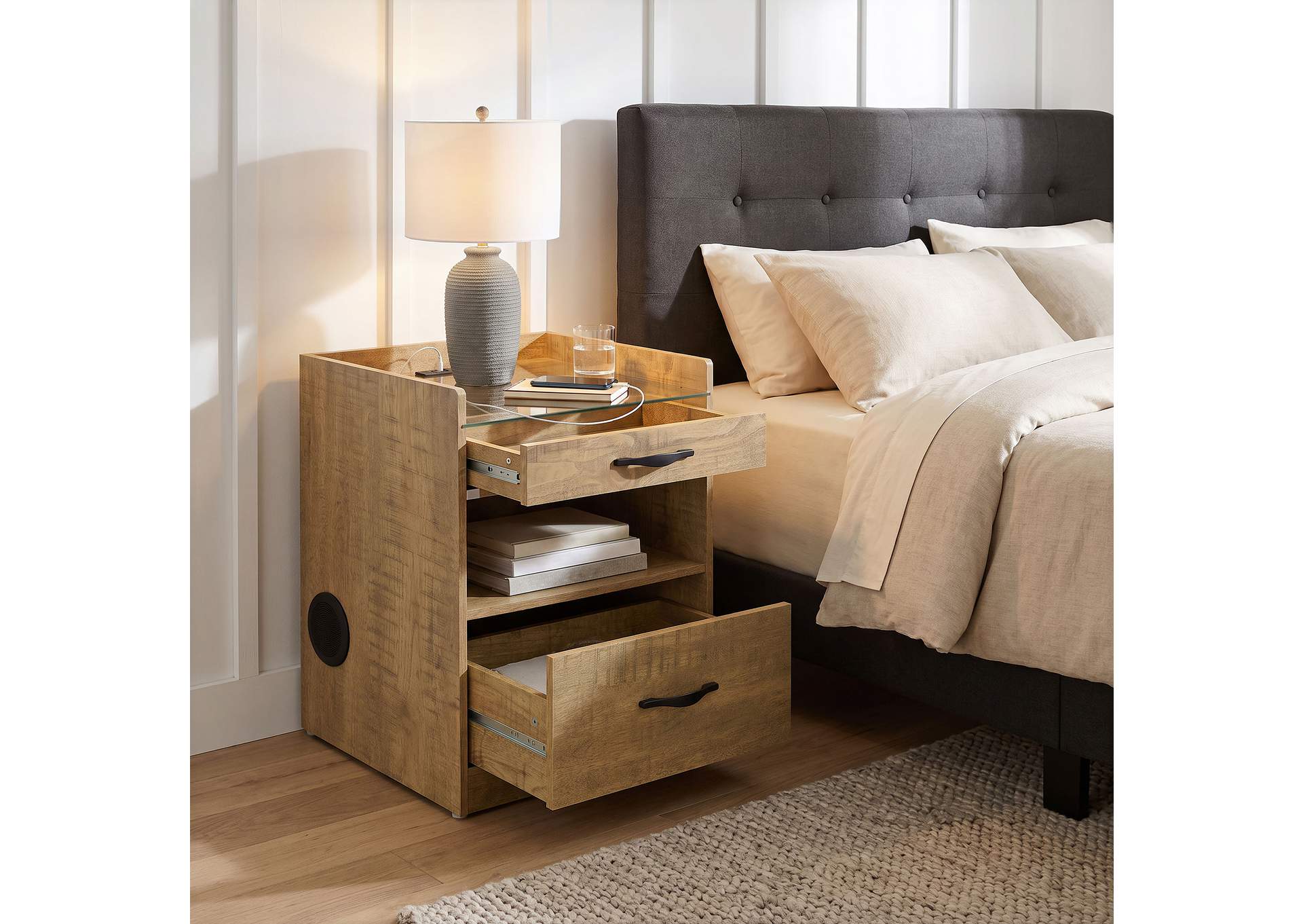 Furda 2-drawer LED Nightstand Bedside Table with Speaker Mango image 5