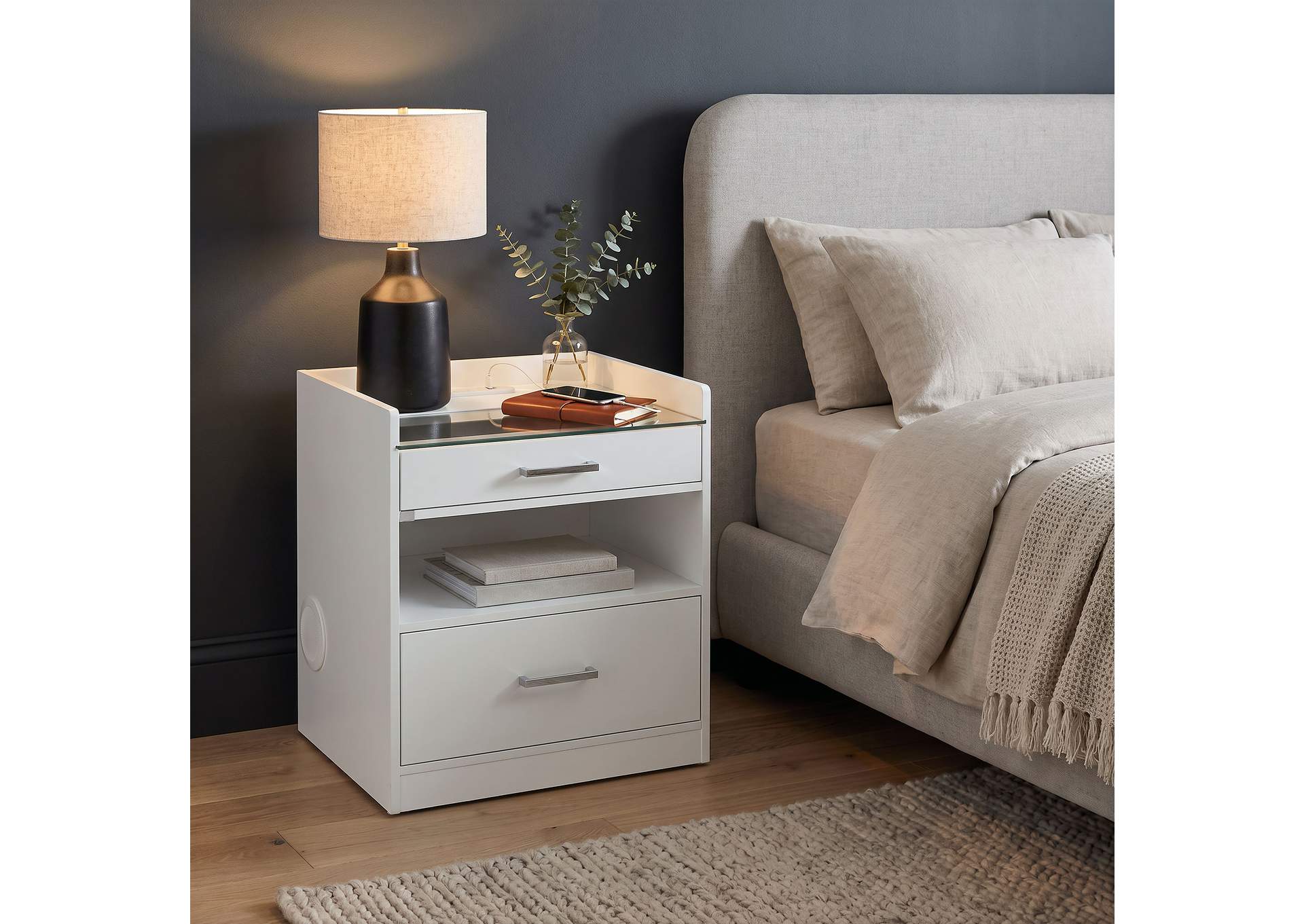Furda 2-drawer LED Nightstand Bedside Table with Speaker White High Gloss image 3