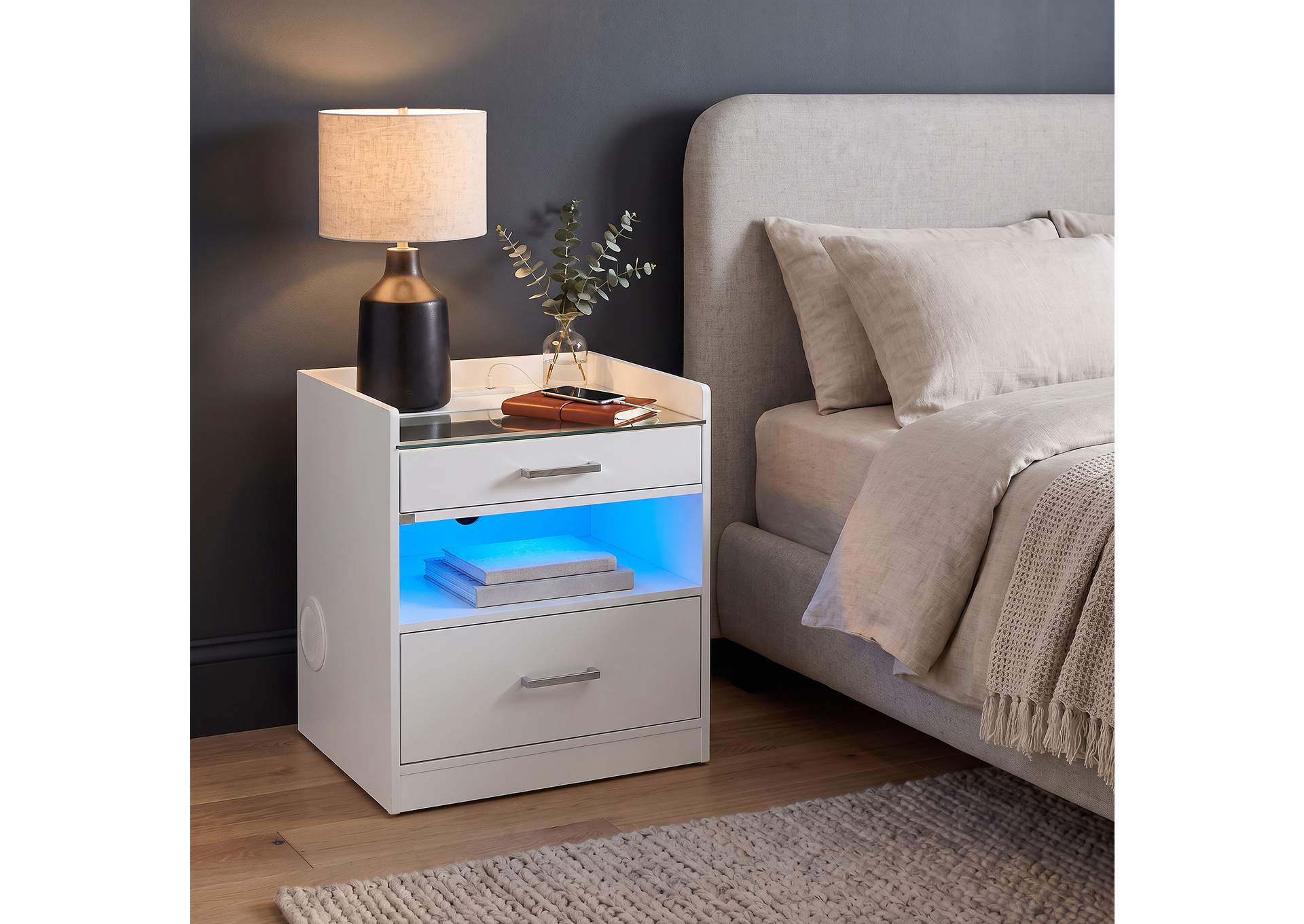 Furda 2-drawer LED Nightstand Bedside Table with Speaker White High Gloss image 4