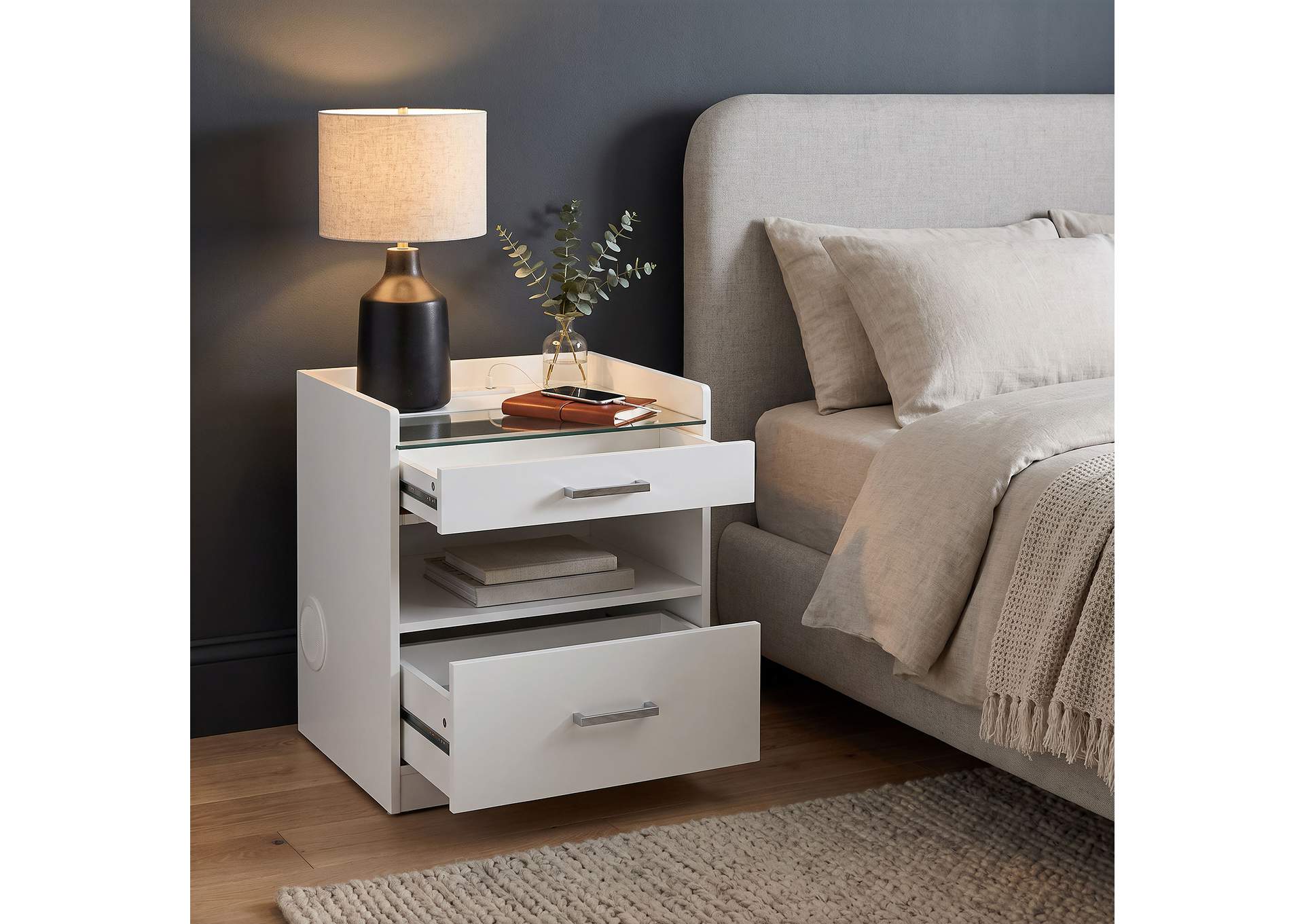Furda 2-drawer LED Nightstand Bedside Table with Speaker White High Gloss image 5