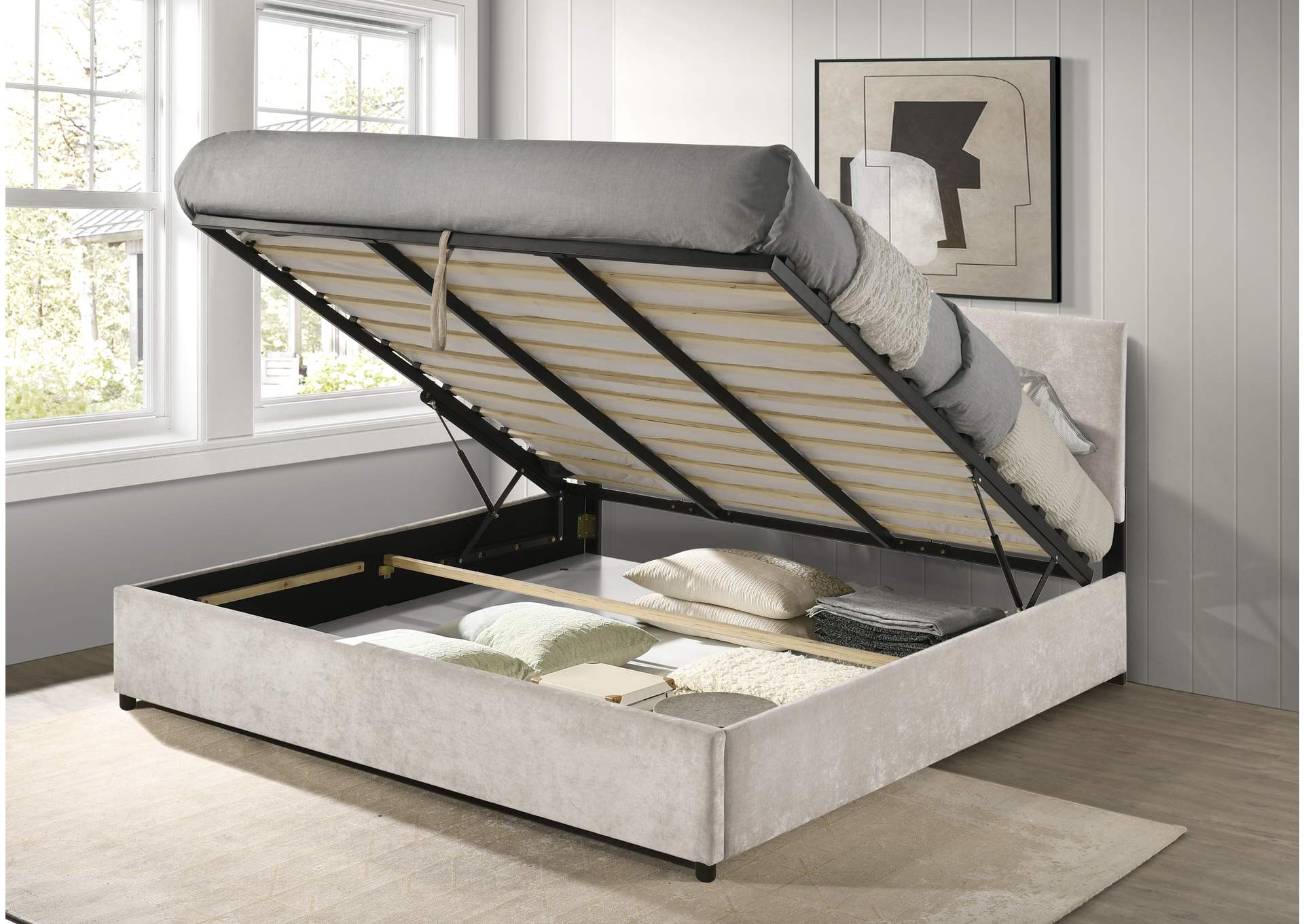 Reeves Upholstered Eastern King Lift-Top Storage Platform Bed Beige image 5