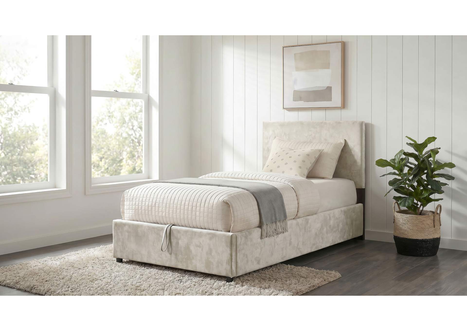 Reeves Upholstered Twin Lift-Top Storage Platform Bed Beige image 3