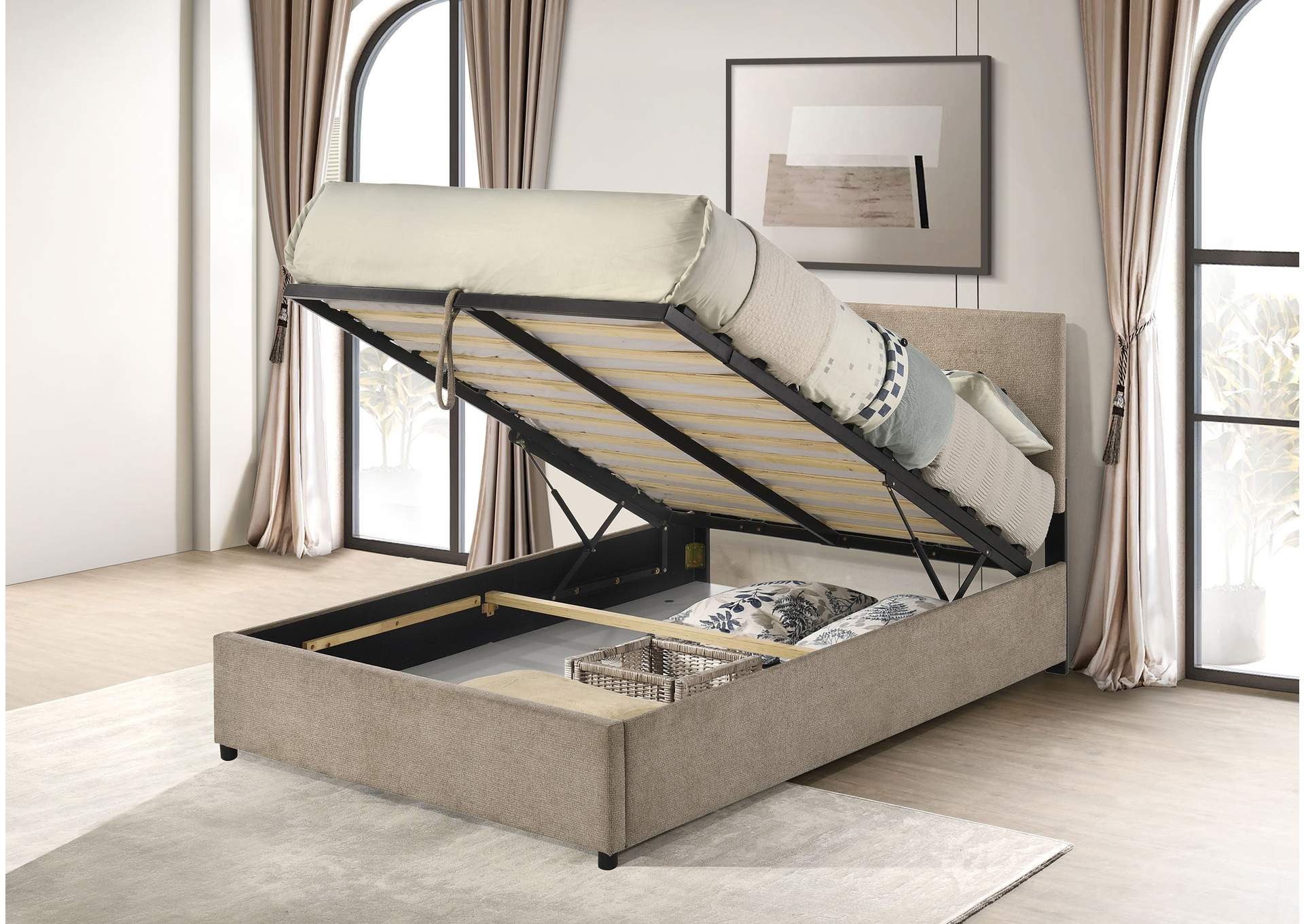 Reeves Upholstered Full Lift-Top Storage Platform Bed Tan image 6