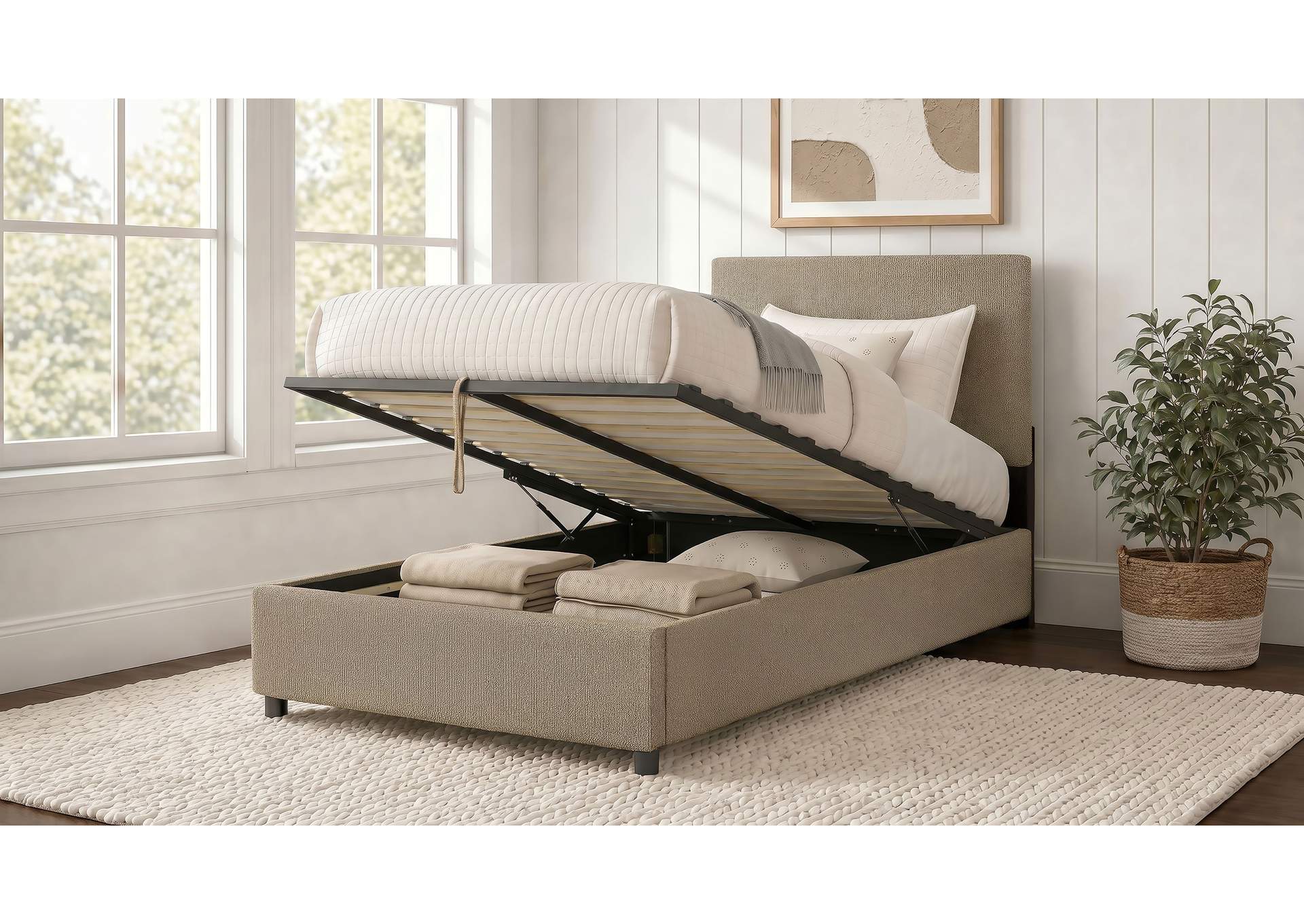 Reeves Upholstered Twin Lift-Top Storage Platform Bed Tan image 5
