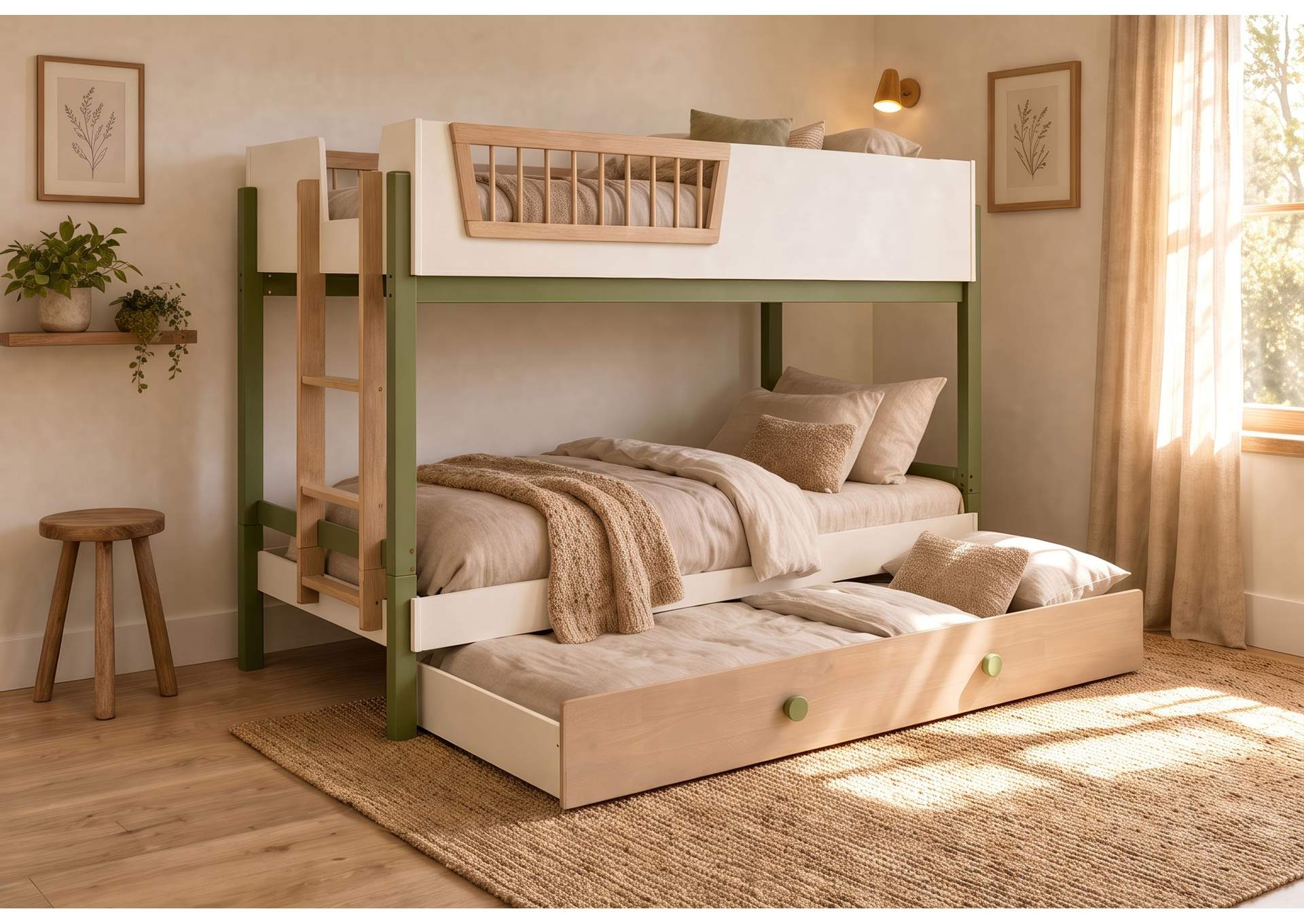 Evren Twin-over-Twin Bunk Bed with Trundle and Ladder Tri-Tone image 1