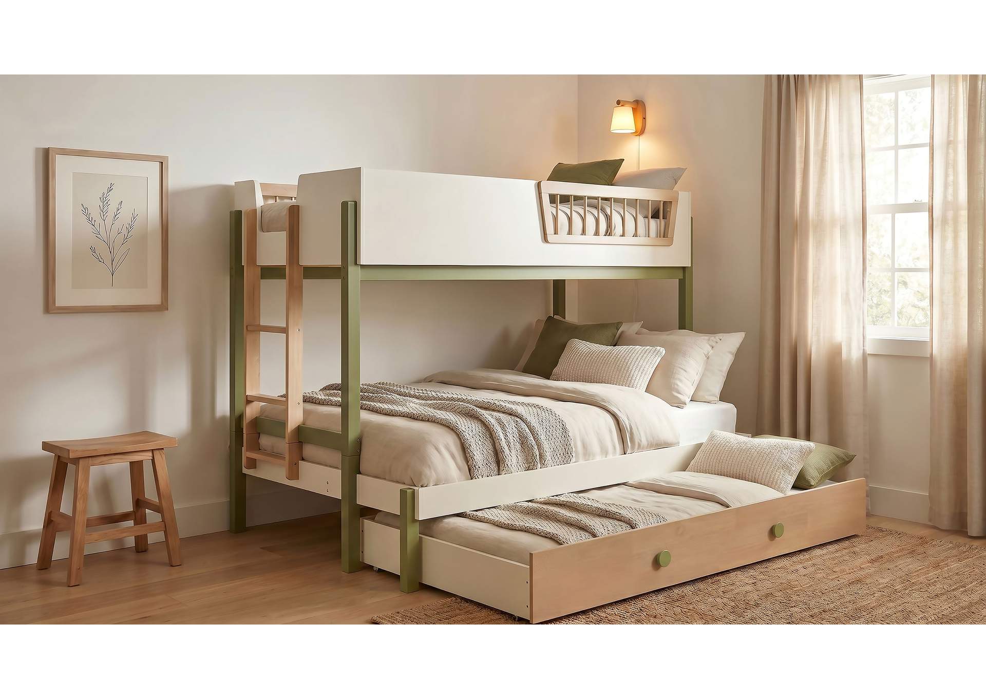 Evren Twin-over-Full Bunk Bed with Trundle and Ladder Tri-Tone image 1