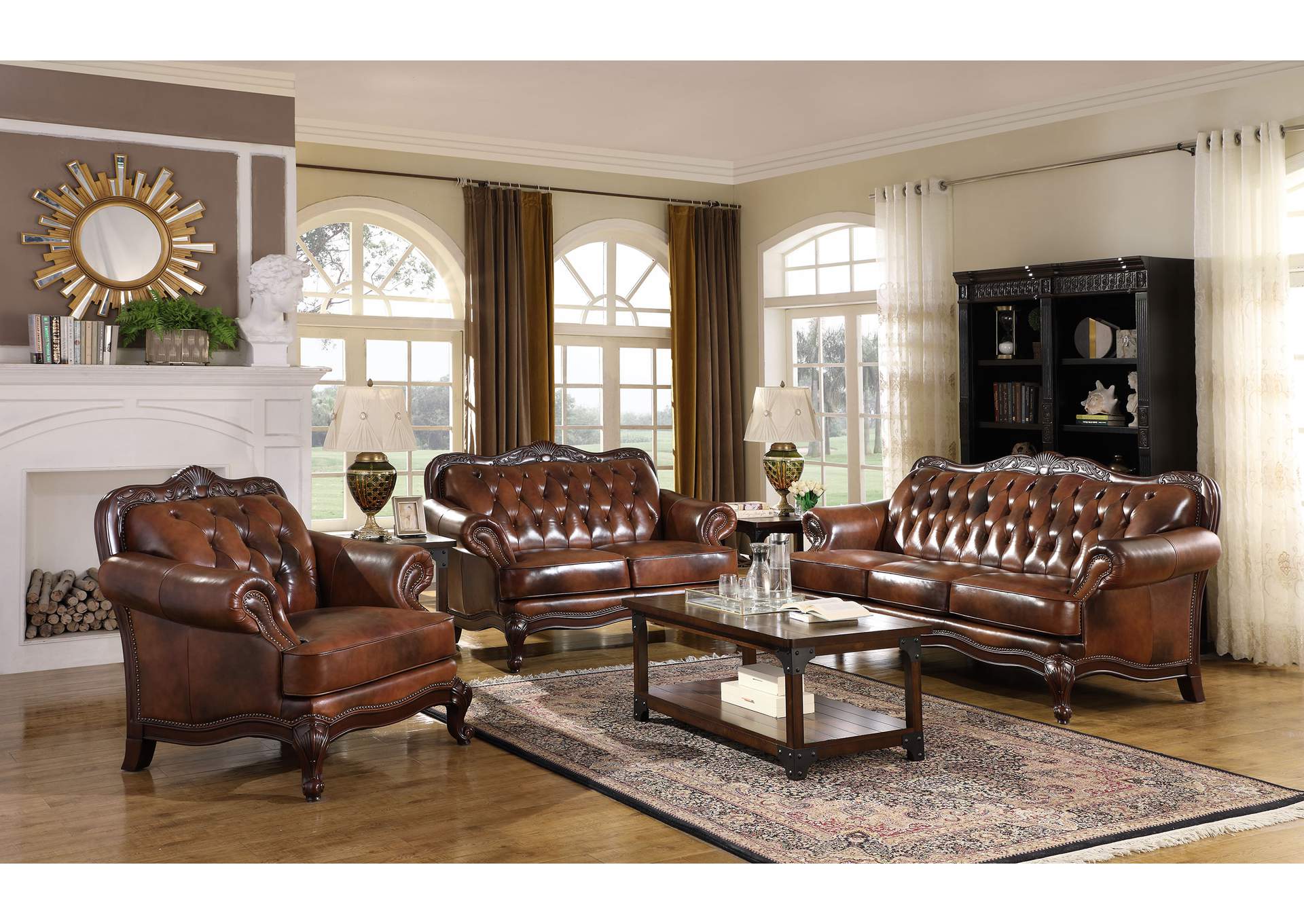 Victoria Full Leather Upholstered Rolled Arm Chair Brown