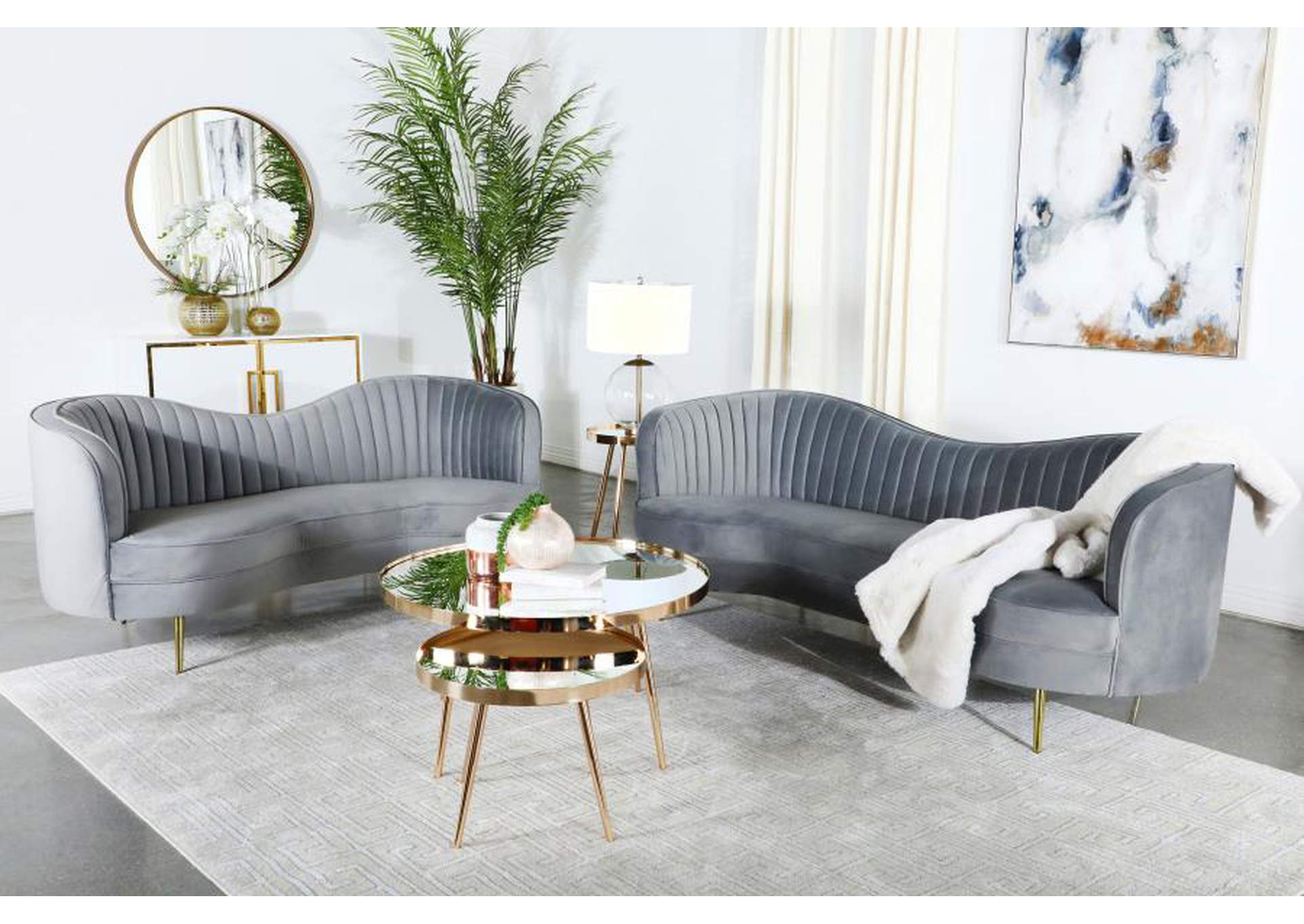 Sophia 2-piece Upholstered Living Room Set with Camel Back Grey and Gold image 1