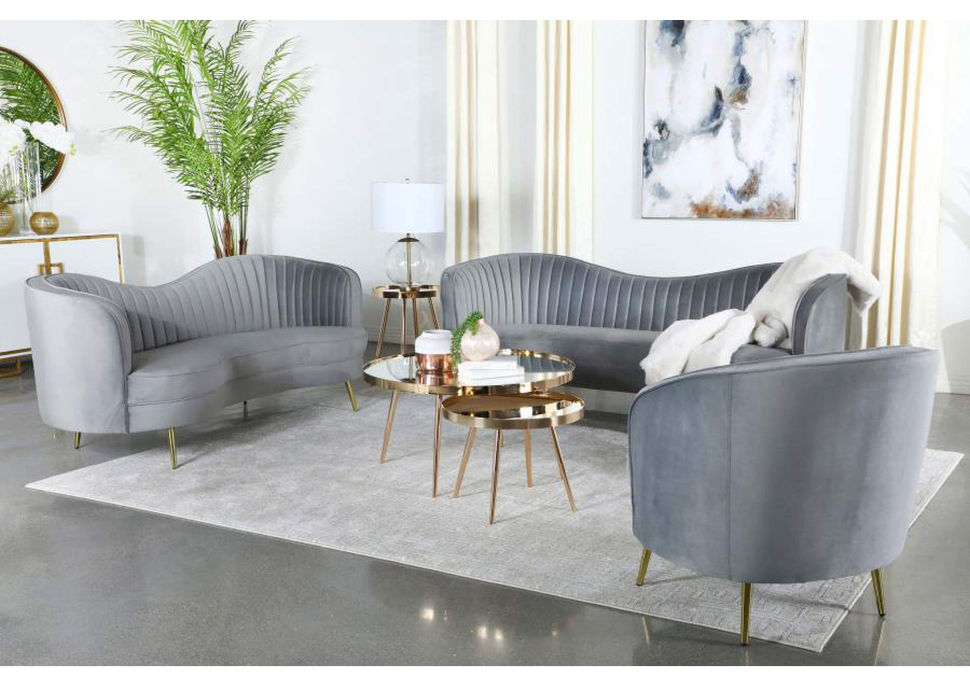 Sophia 3-piece Upholstered Living Room Set with Camel Back Grey and Gold image 1