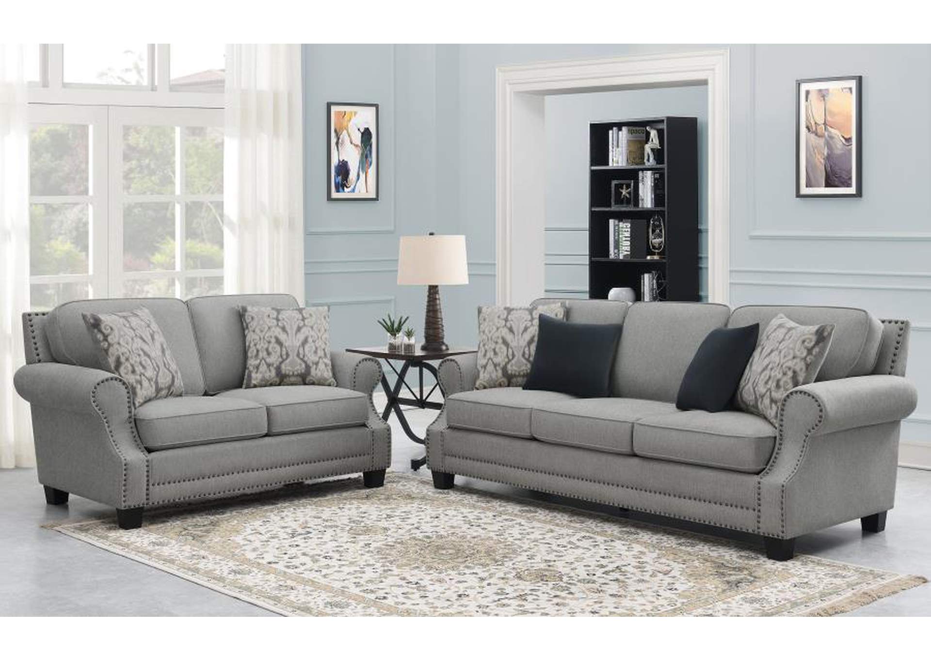 Sheldon Upholstered Living Room Set with Rolled Arms Grey image 1