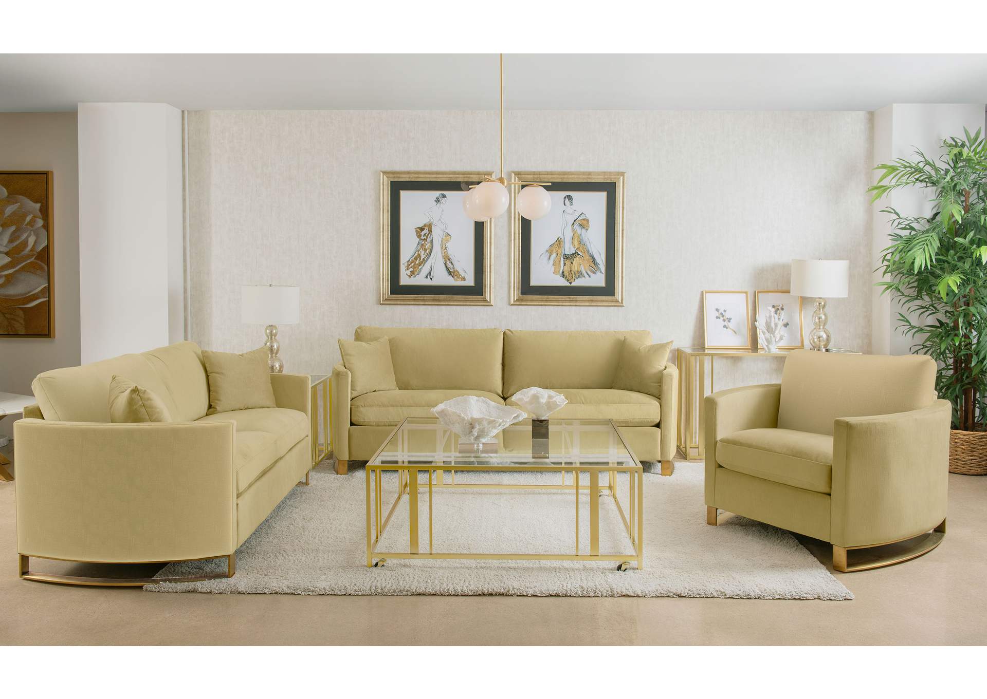 Corliss Upholstered Curved Track Arm Chair Camel