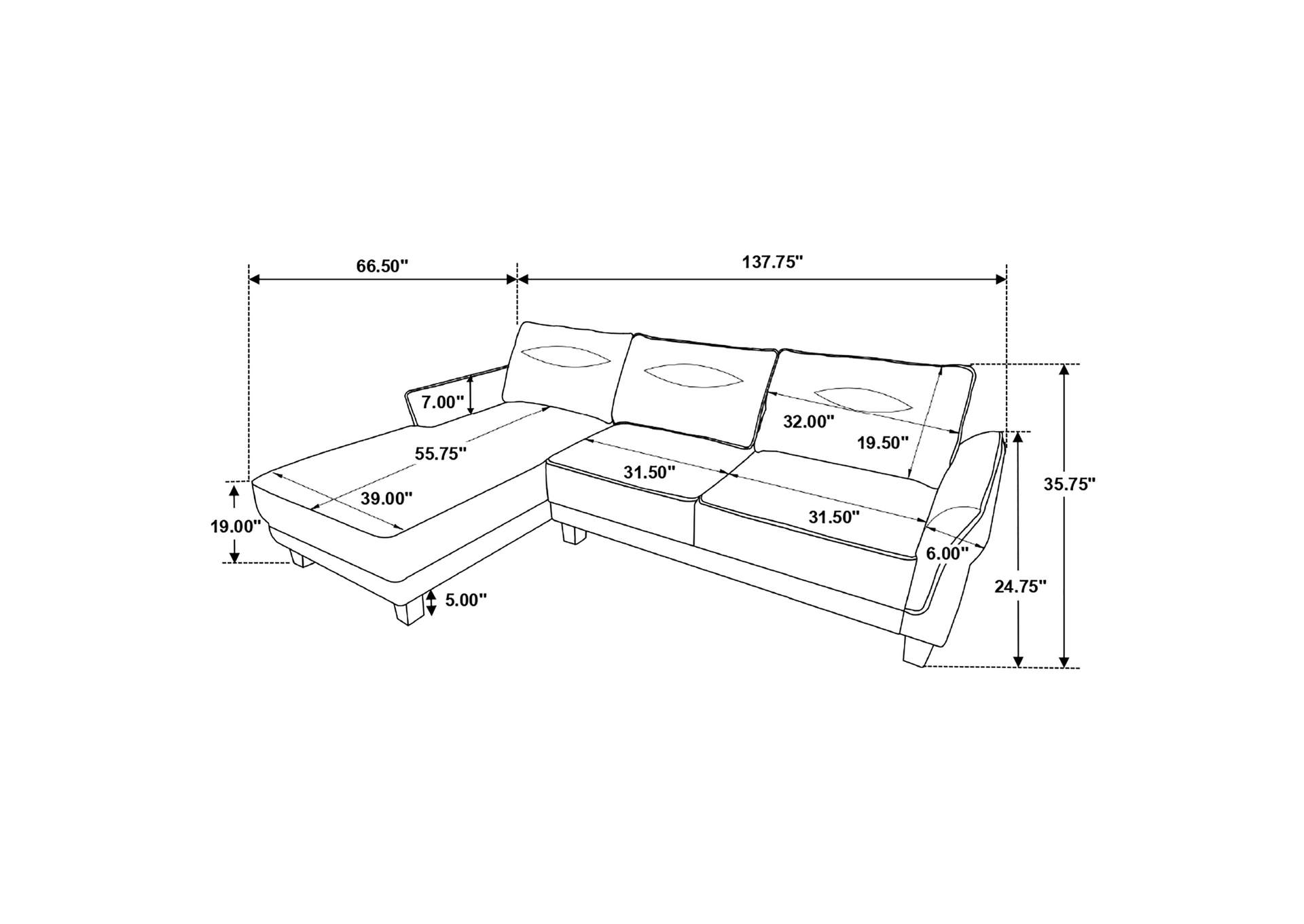 Caspian Upholstered Curved Arm Chaise Sectional Sofa White image 5