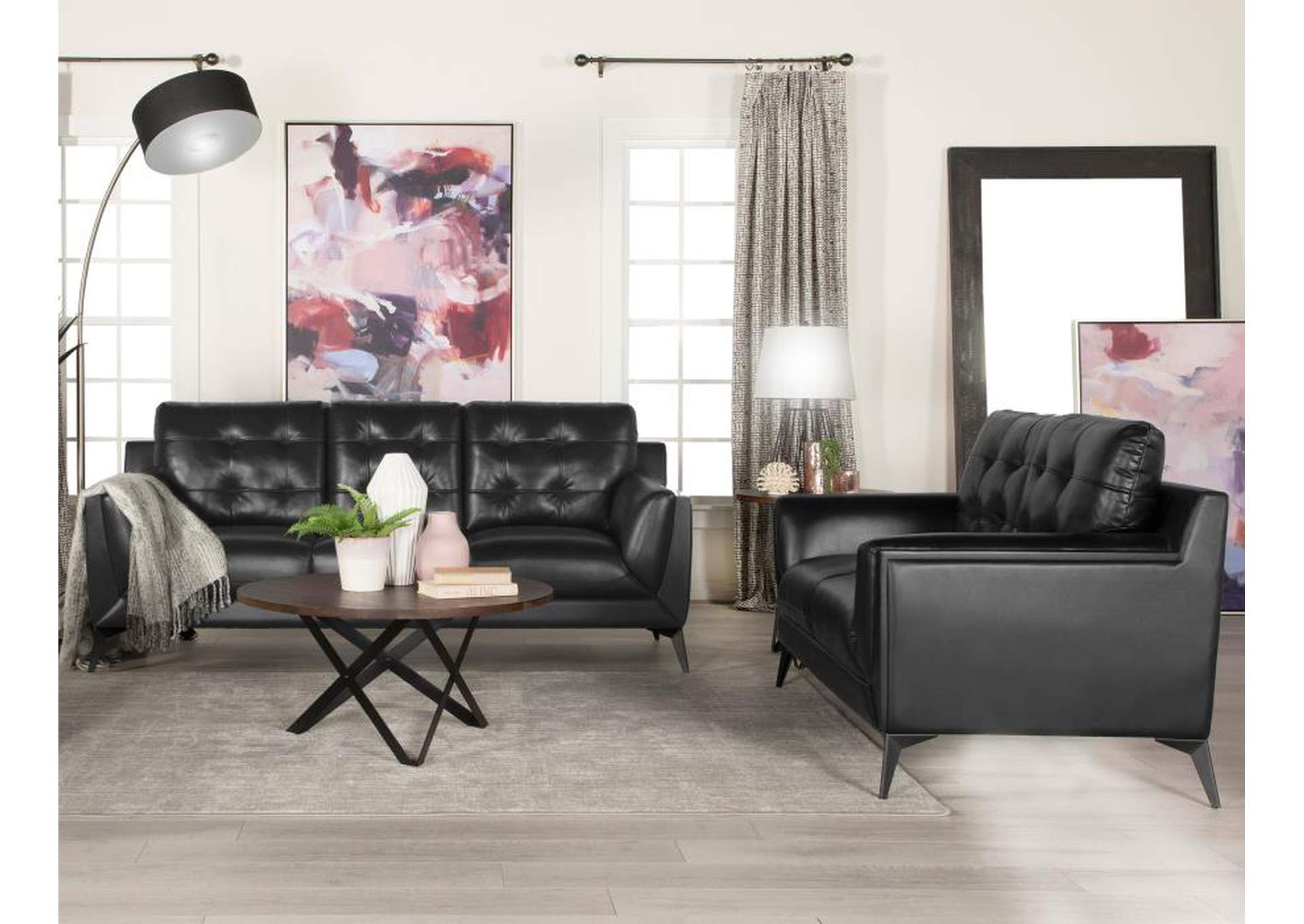 Moira Upholstered Tufted Living Room Set with Track Arms Black image 1