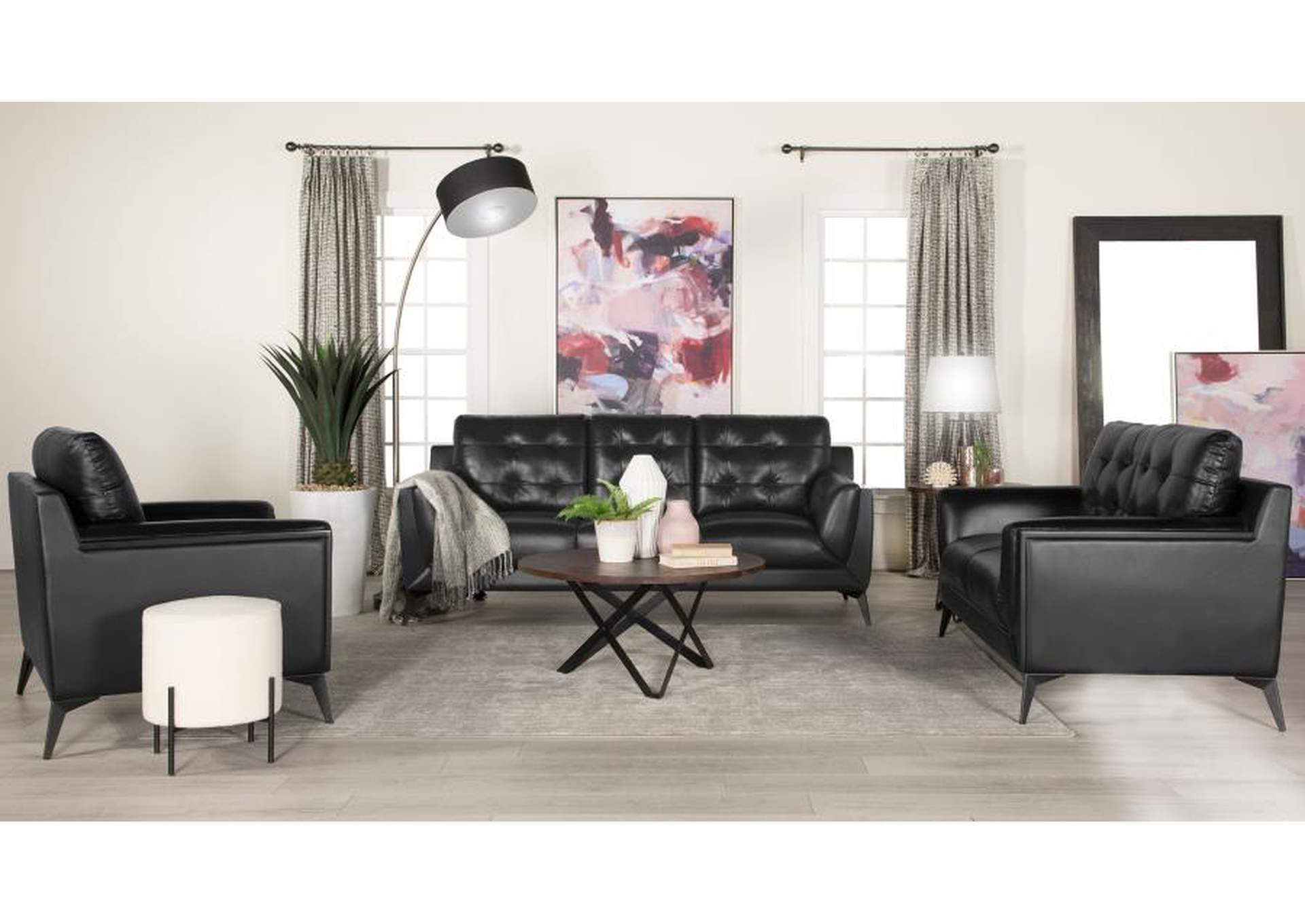 Moira Upholstered Tufted Living Room Set with Track Arms Black image 1