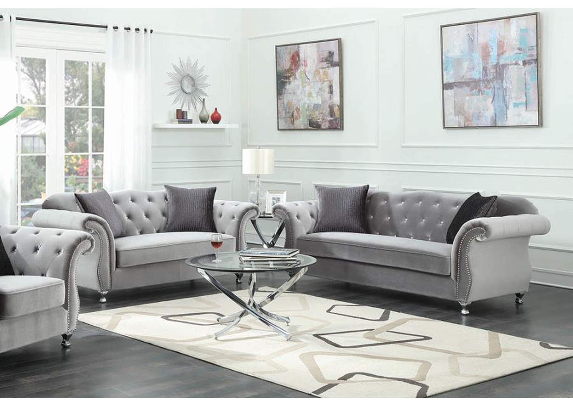 Frostine Upholstered Tufted Living Room Set Silver image 1