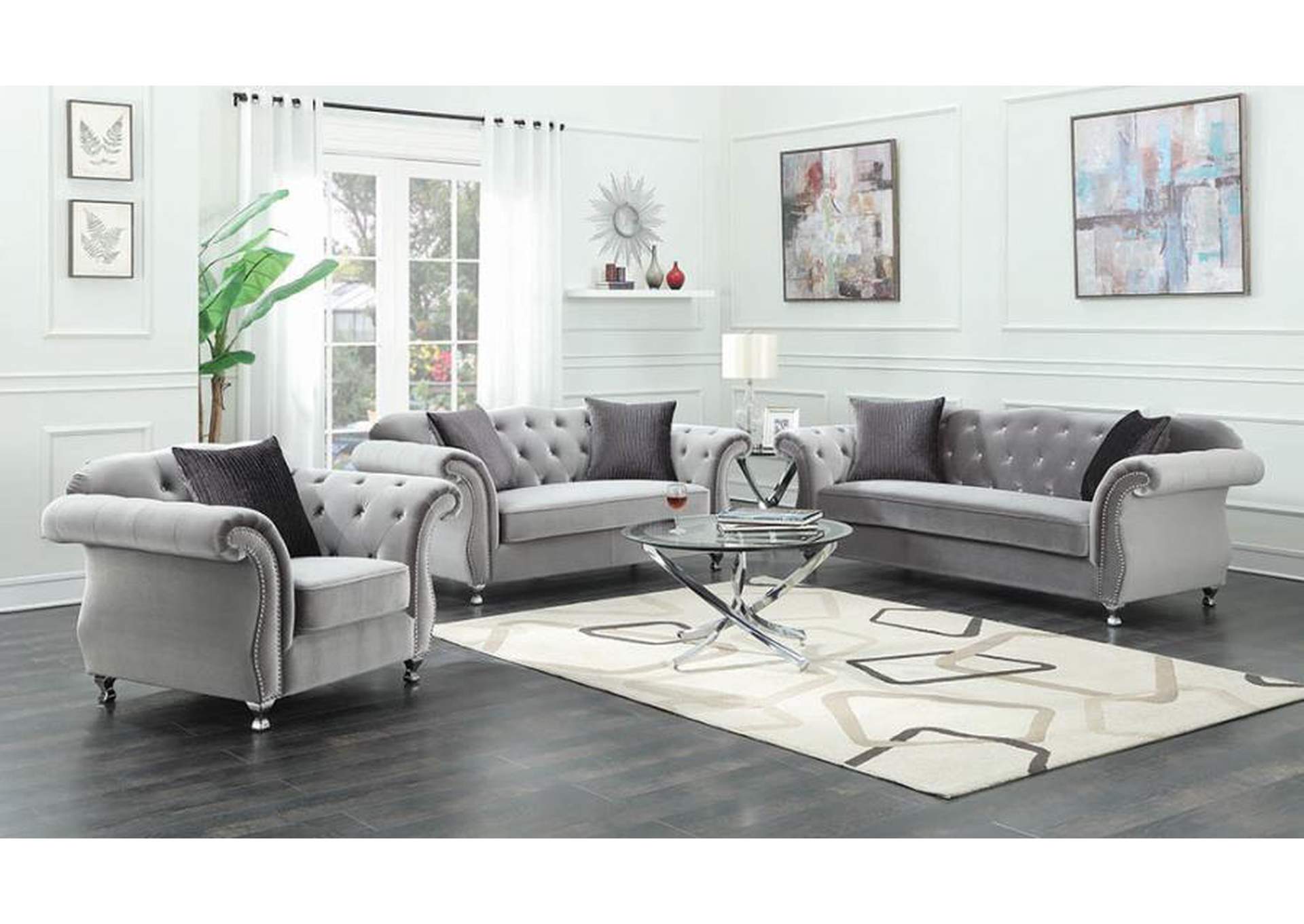 Frostine Upholstered Tufted Living Room Set Silver image 1