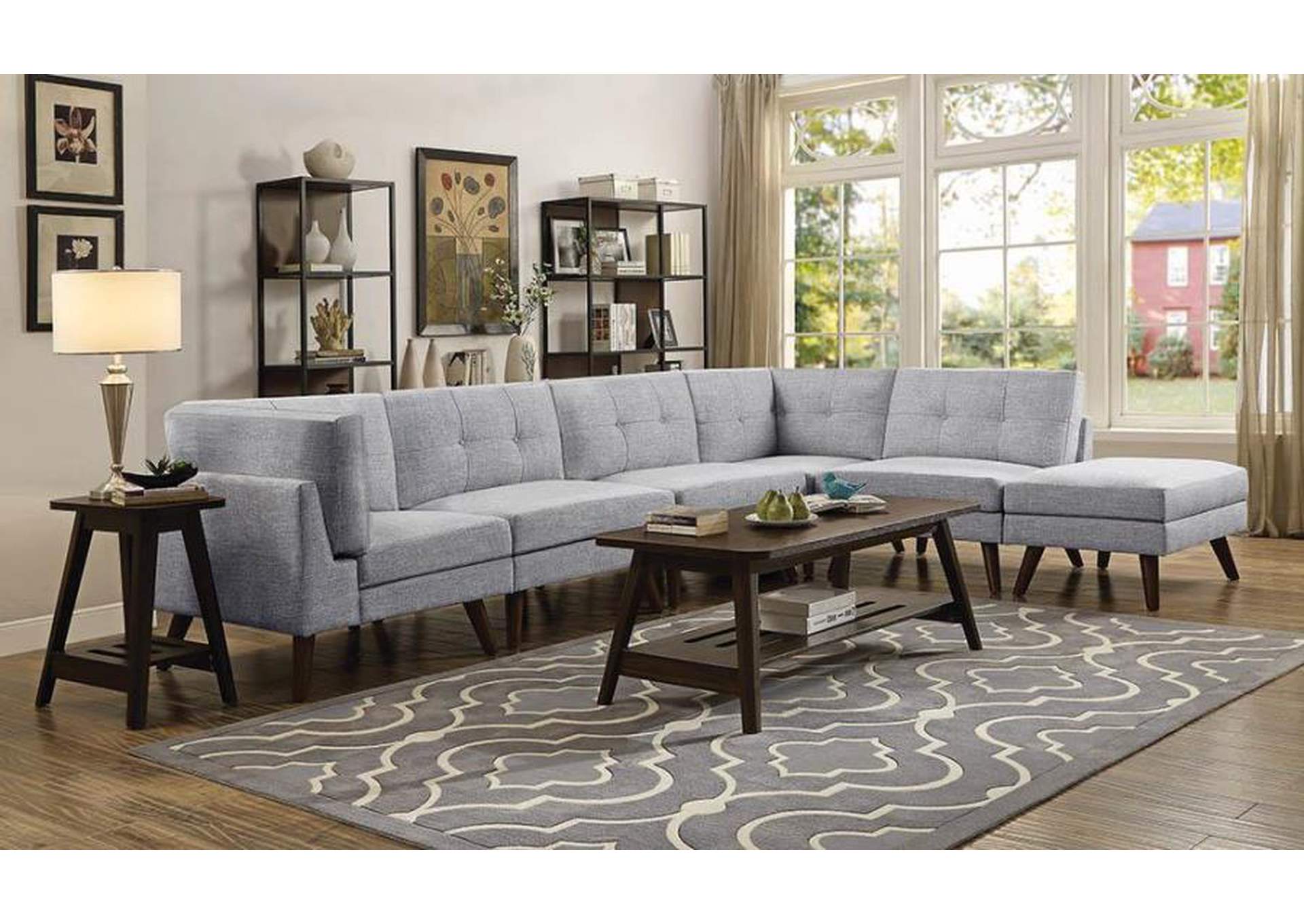 6-piece Upholstered Modular Tufted Sectional Grey and Walnut image 1