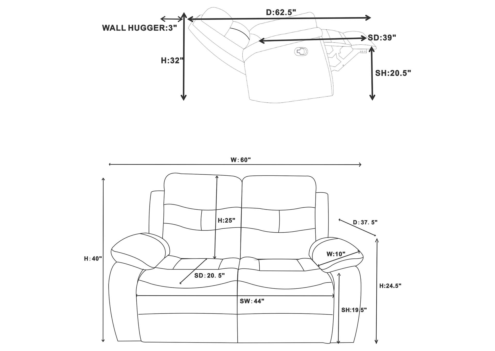 Nova 2-piece Upholstered Padded Arm Sofa Set Dark Grey