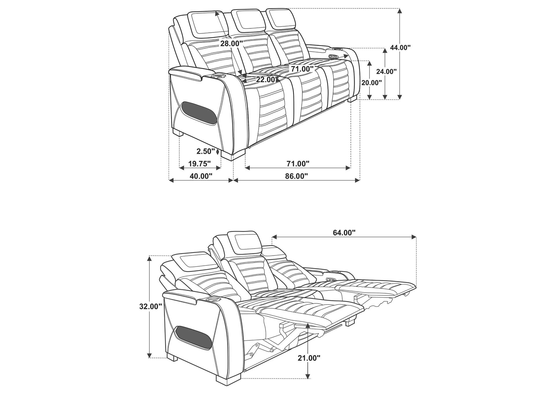 Zuma 3-piece Faux Leather Dual Power LED Sofa Set Black image 7