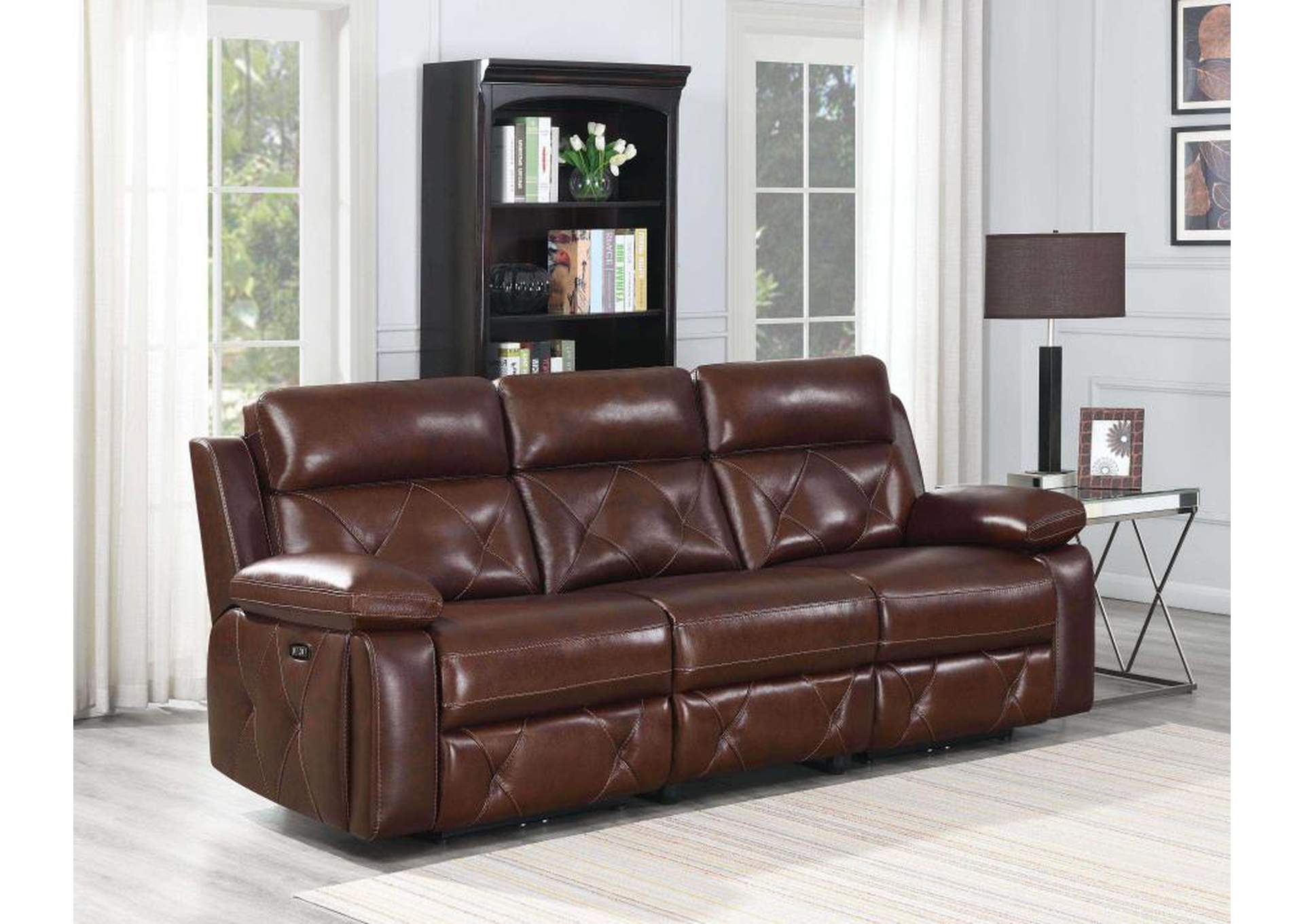 Chester Upholstered Power Reclining Seat and Power Headrest Sofa Chocolate image 1