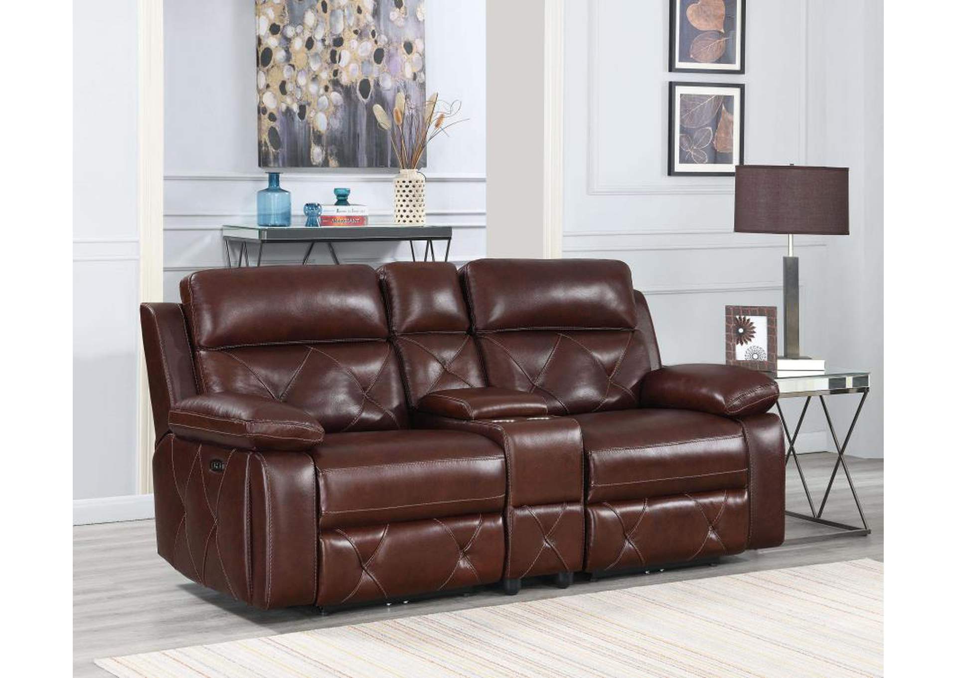 Chester Upholstered Power Reclining Seat and Power Headrest Loveseat with Console Chocolate image 1