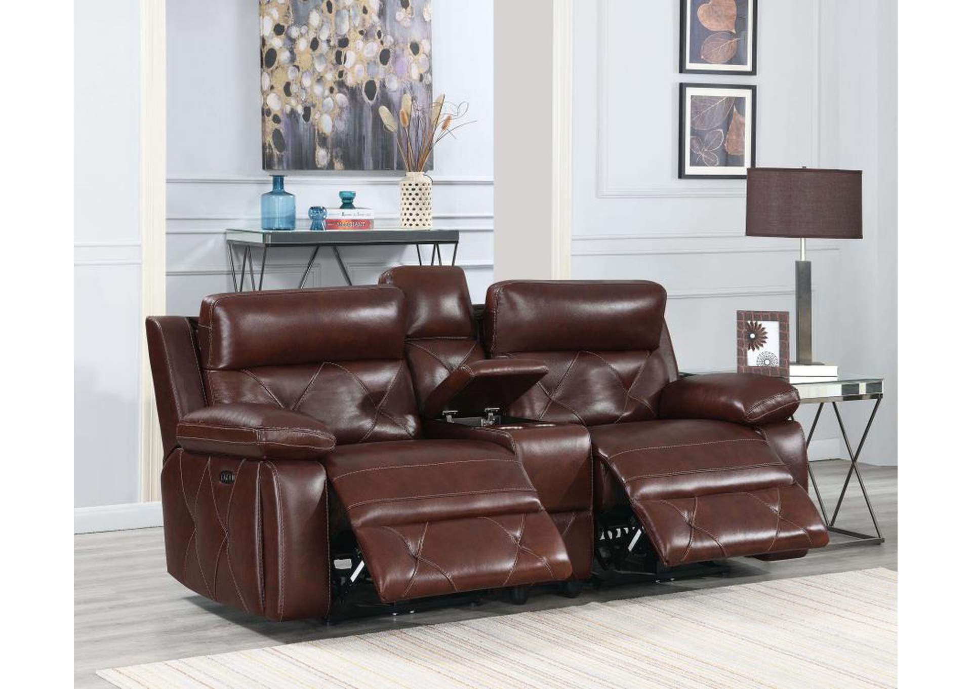 Chester Upholstered Power Reclining Seat and Power Headrest Loveseat with Console Chocolate image 3