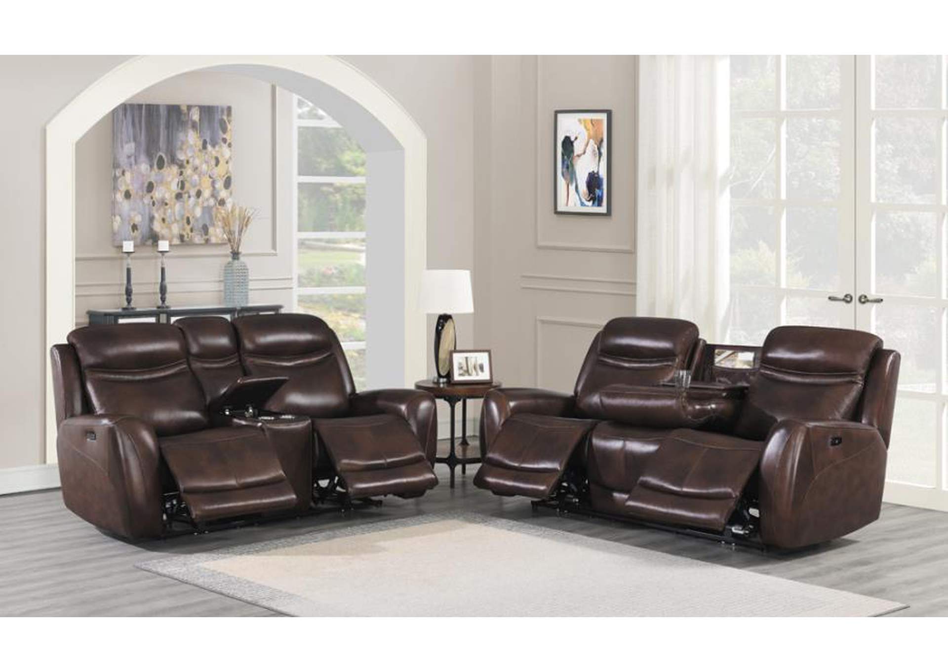 Patrick Upholstered Power Living Room Set Cognac