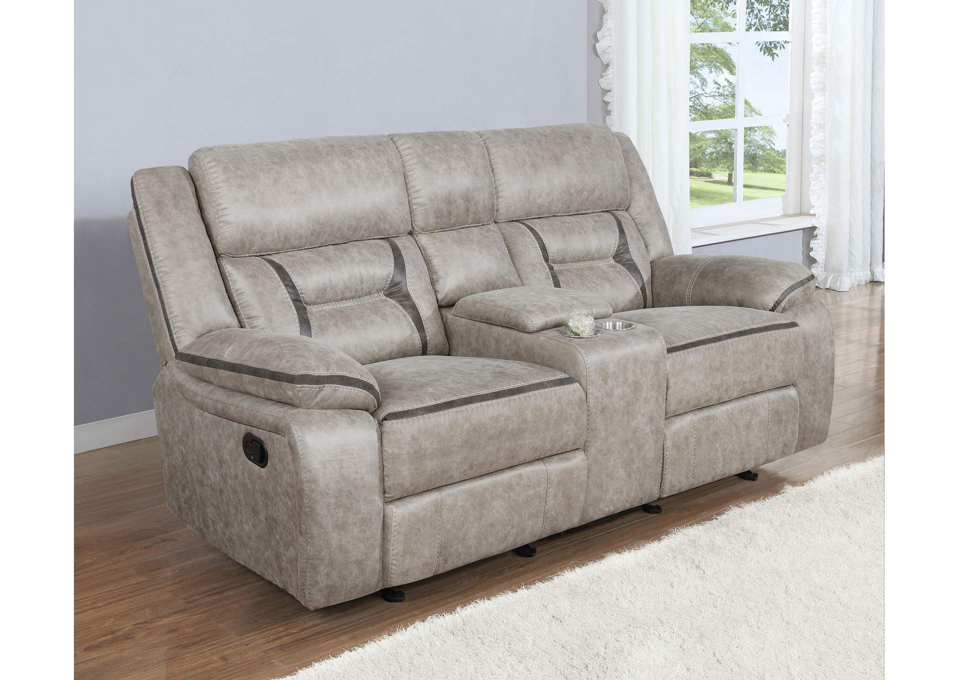 Greer Upholstered Motion Reclining Loveseat Taupe