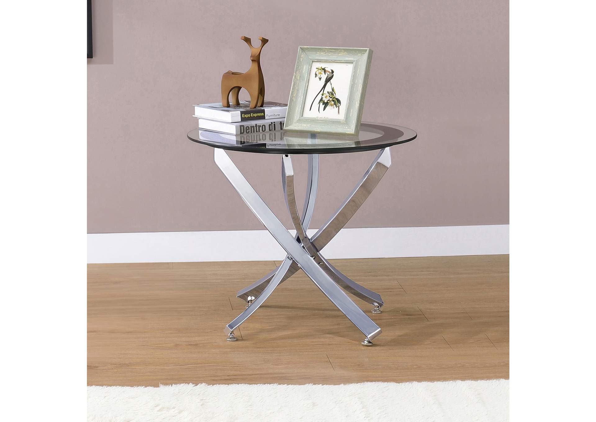 Brooke Round Glass Top Side End Table Metal Base Chrome