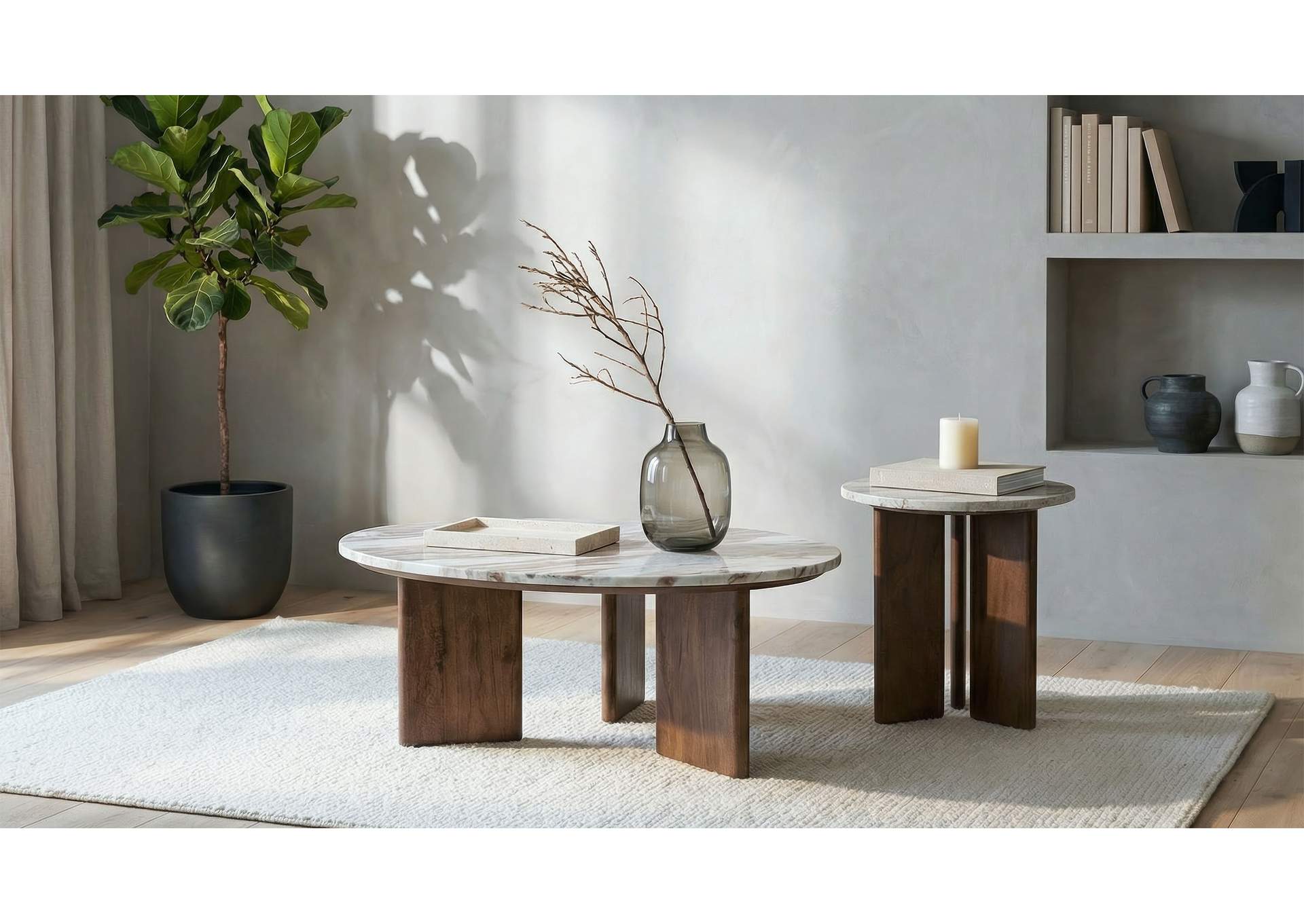 Jenna 2-piece Round Marble Top Coffee Table Set Brown image 1