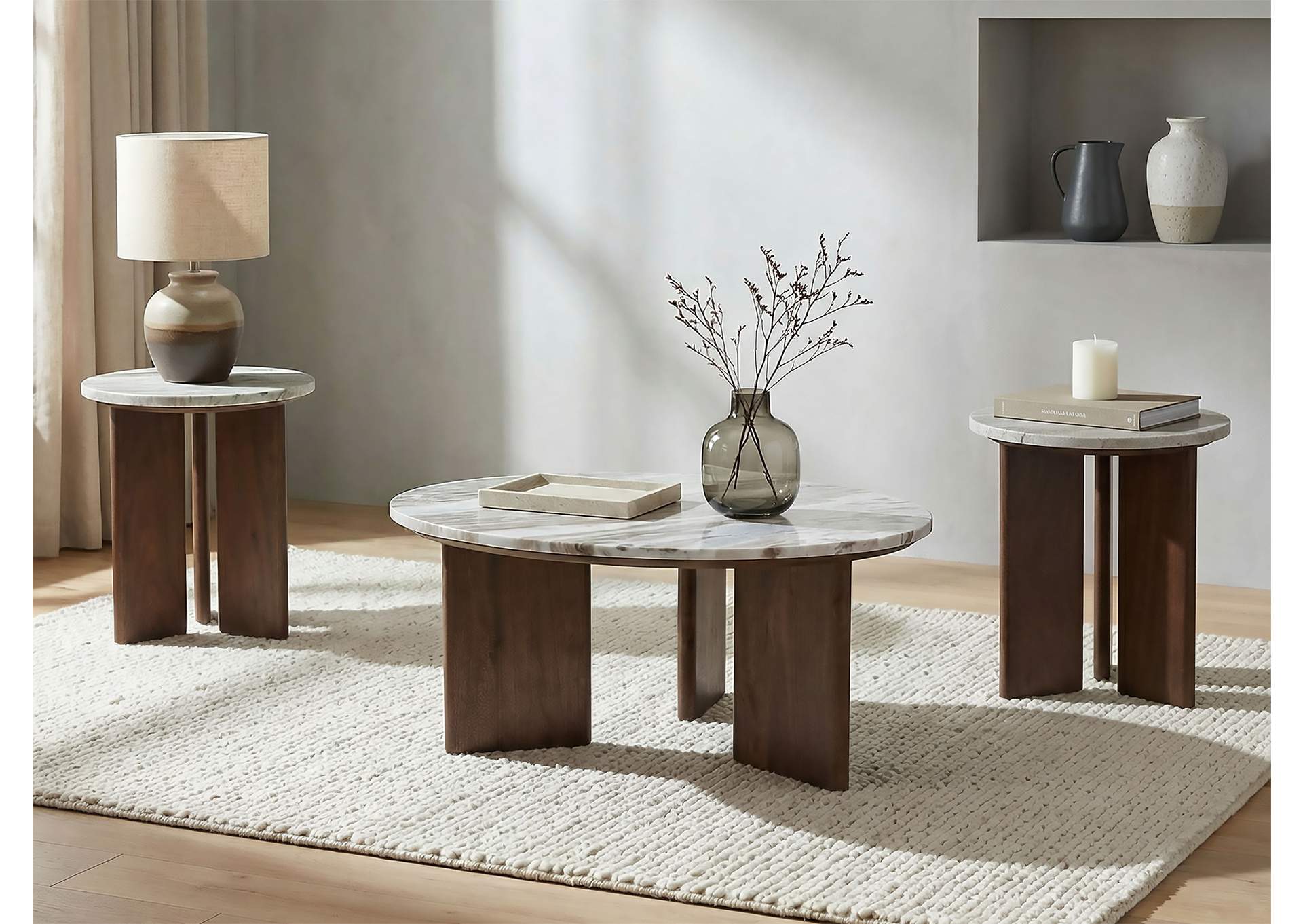 Jenna 3-piece Round Marble Top Coffee Table Set Brown image 1