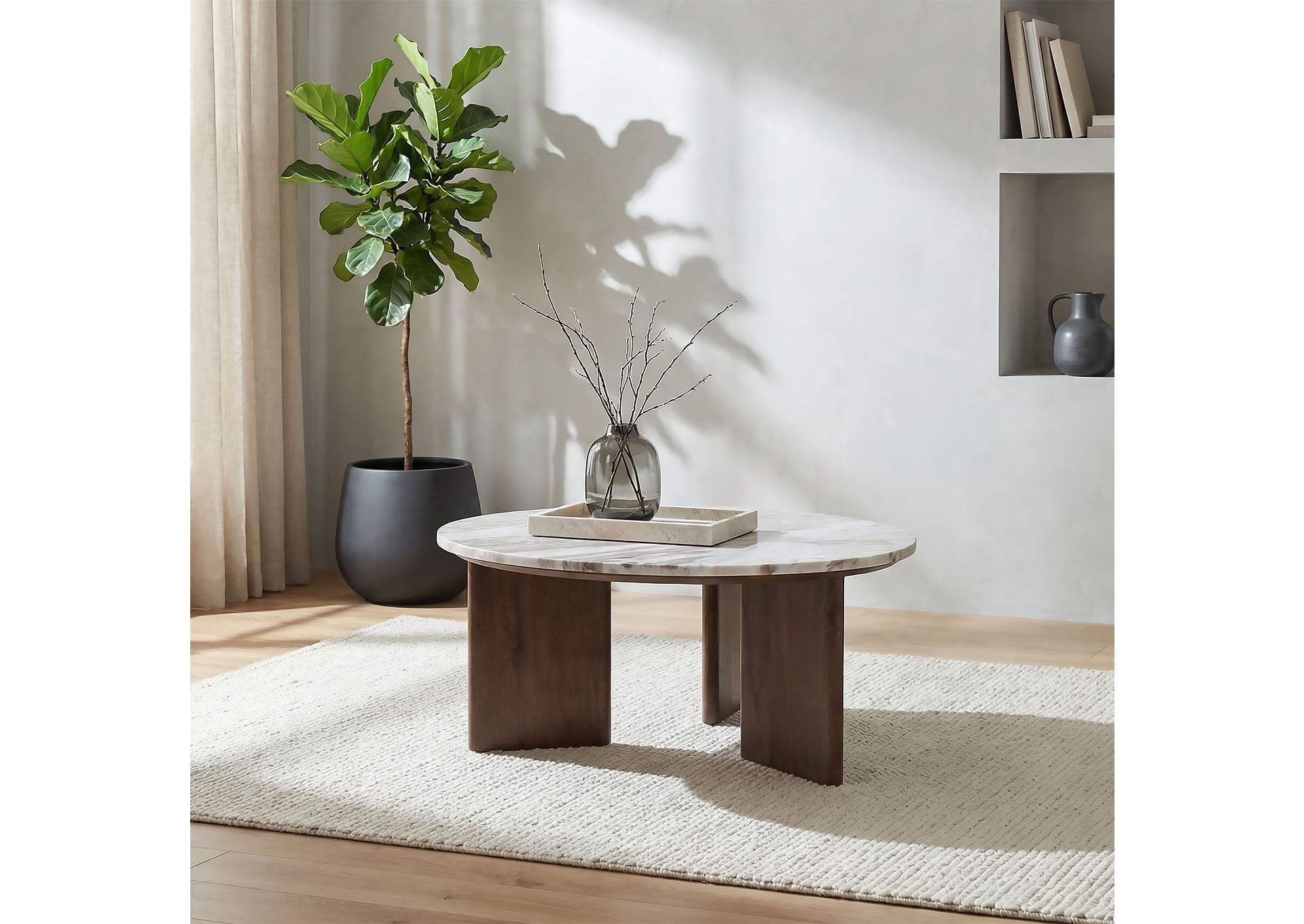 Jenna 35-inch Round Marble Top Cocktail Coffee Table Brown image 3