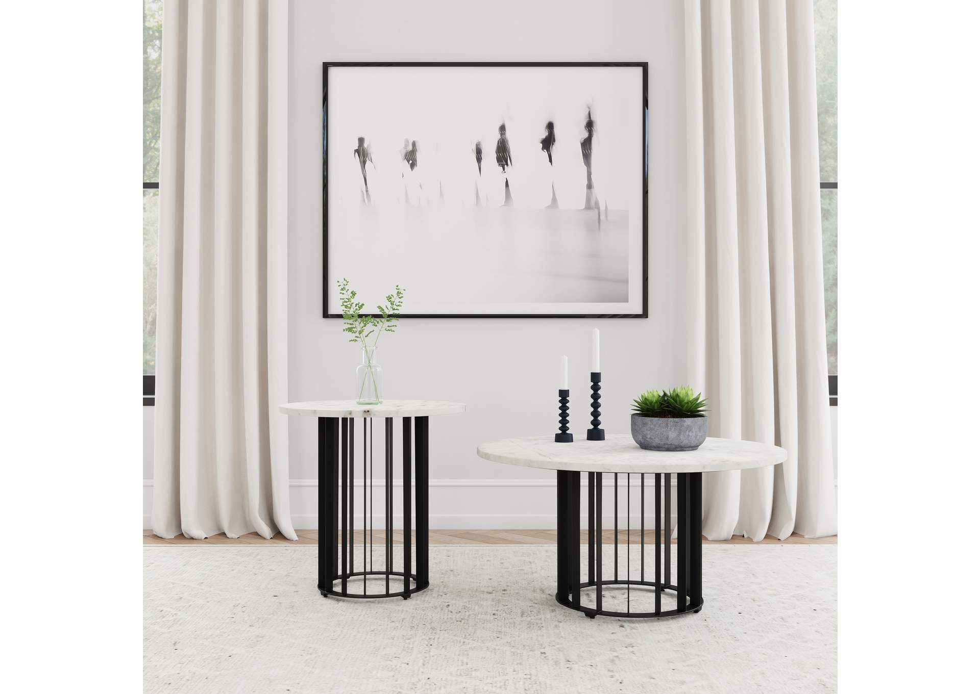 Haven Round Genuine White Marble Top End Side Table Black
