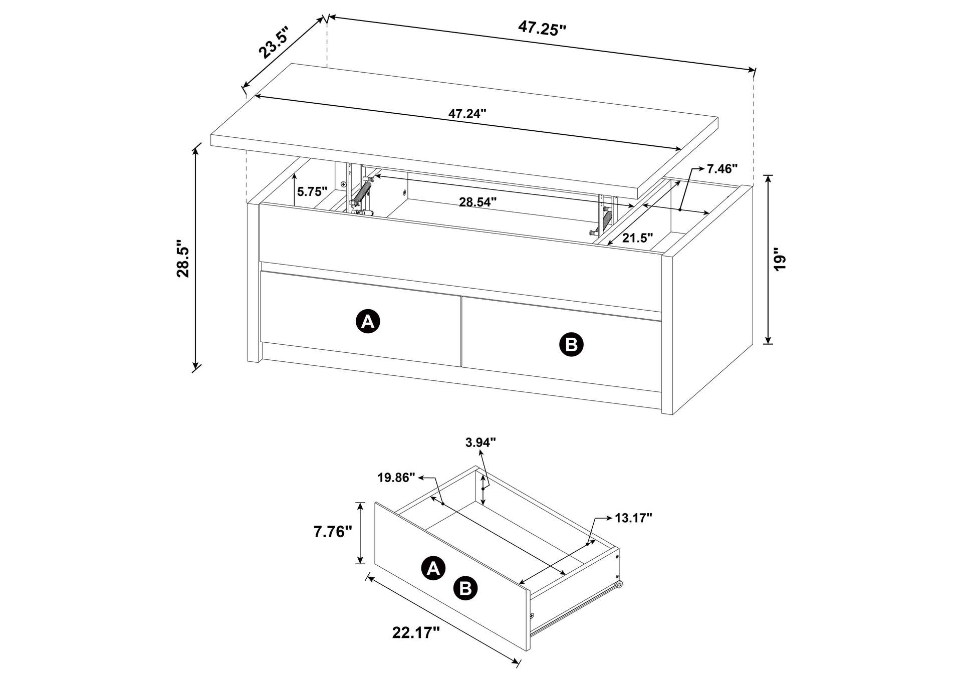 Knapp Lift Top Cocktail Coffee Table with Dual Drawers Black