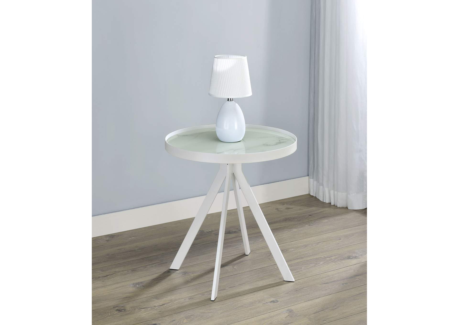 Briggs Round Marble Printed Glass Top End Side Table White
