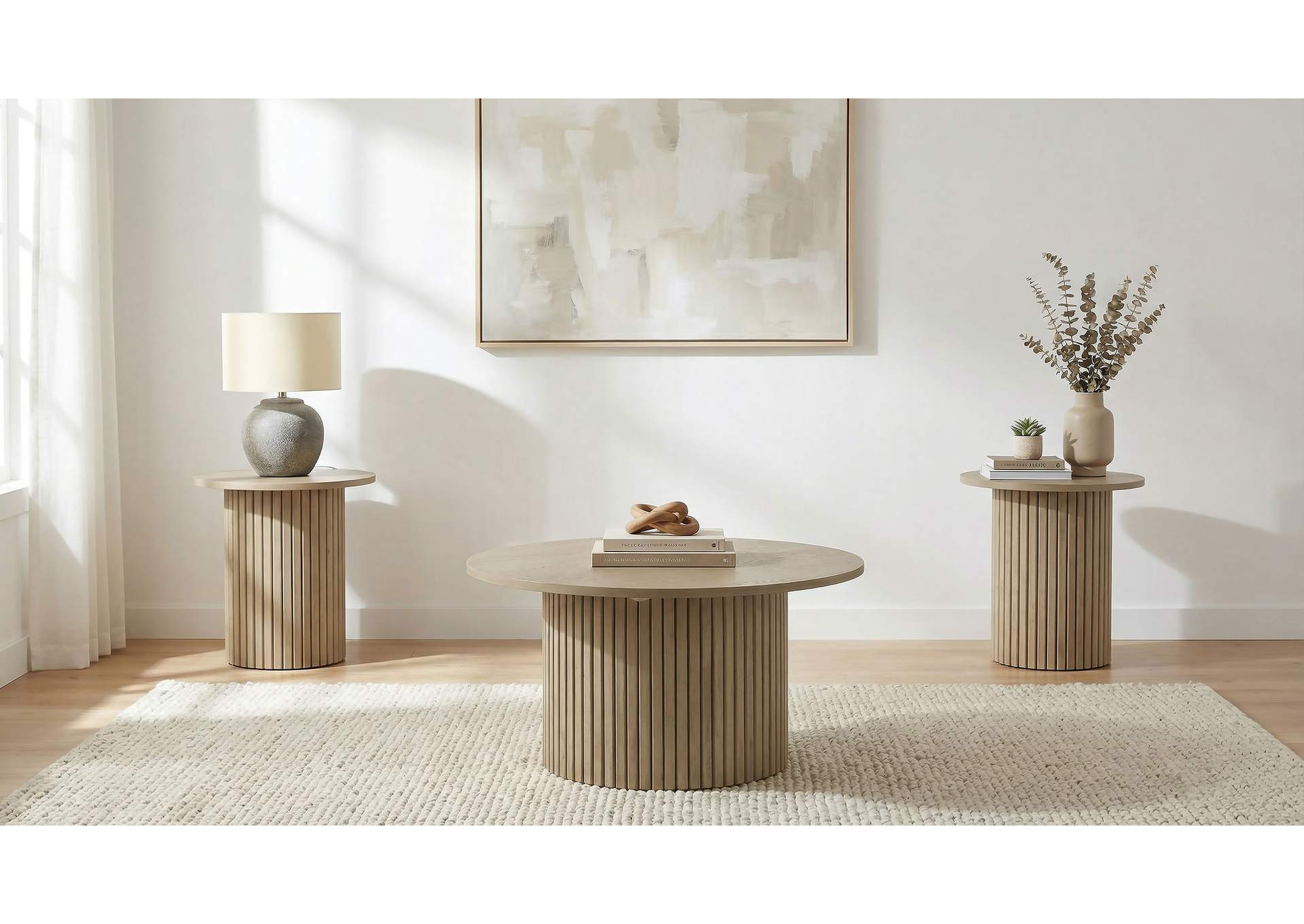 Hamlyn 3-piece Round Fluted Coffee and End Table Set Natural Oak image 1