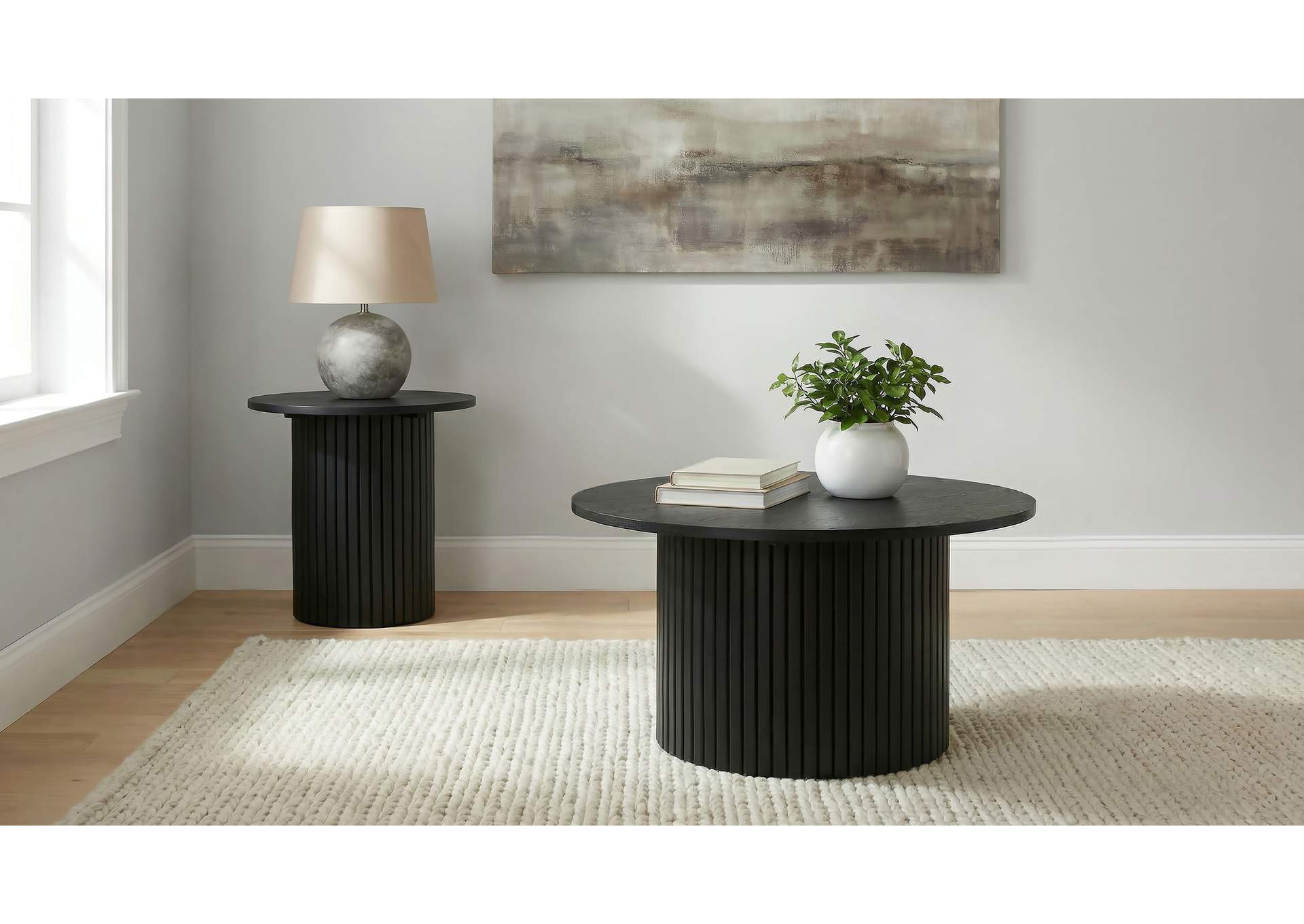 Hamlyn 2-piece Round Fluted Coffee and End Table Set Black image 1