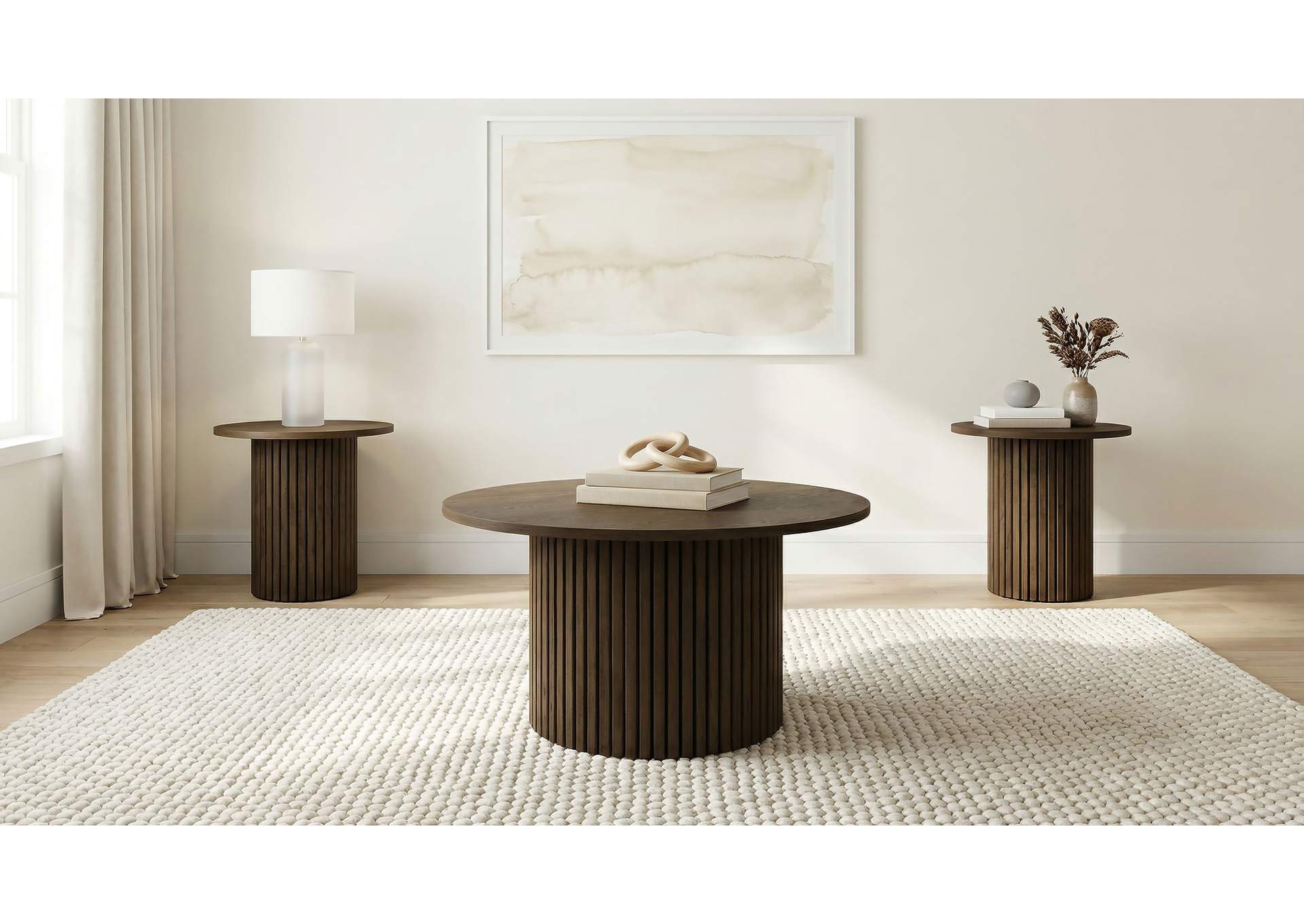 Hamlyn 3-piece Round Fluted Coffee and End Table Set Walnut image 1