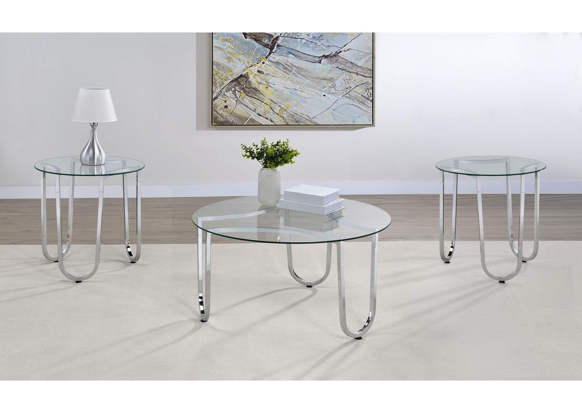 Beller 3-piece Round Tempered Glass Top Coffee Table Set Chrome image 1