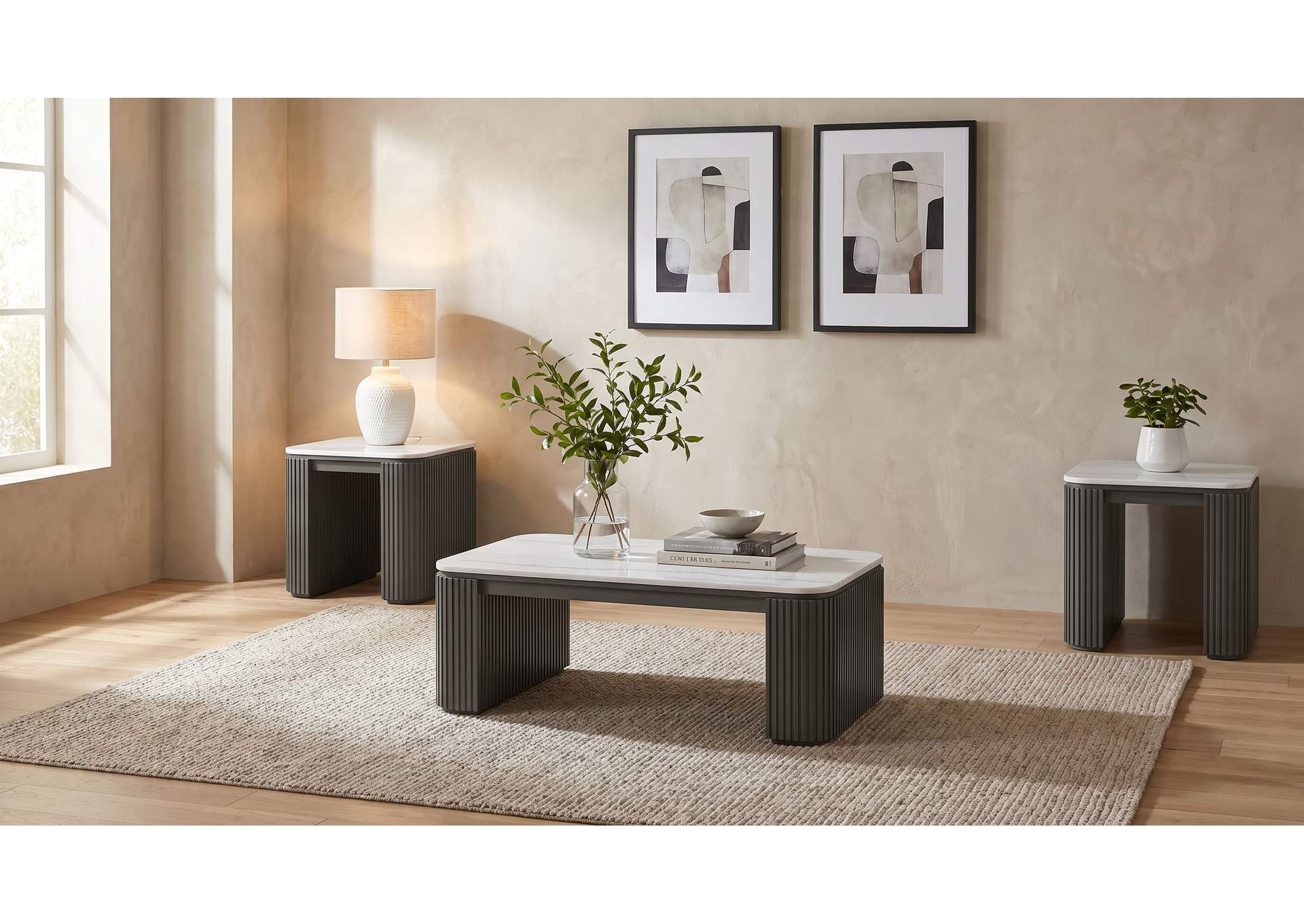 Lior 3-Piece Rectangular Marble Top Coffee and End Table Set Charcoal image 1