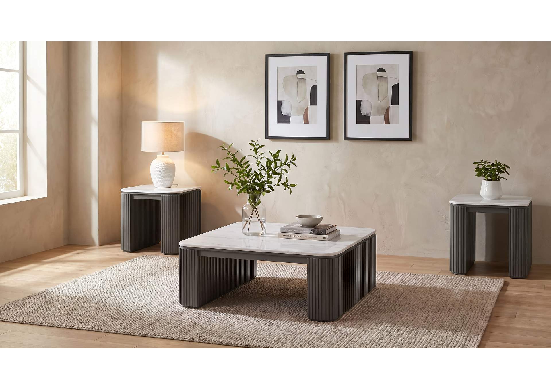 Lior 3-Piece Square Marble Top Coffee and End Table Set Charcoal image 1
