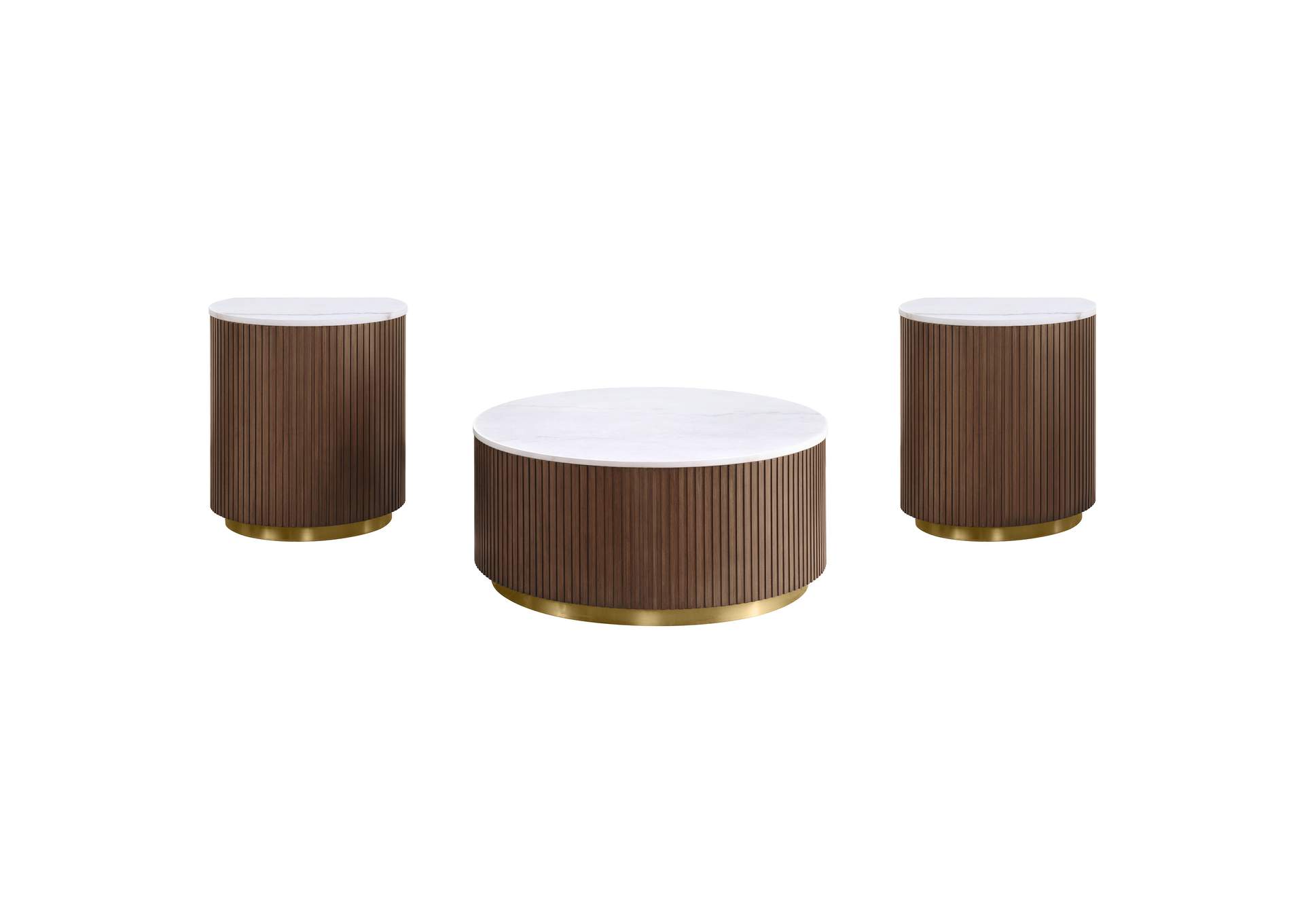 Jason 3-piece Round White Marble Coffee Table Set Honey Brown image 3